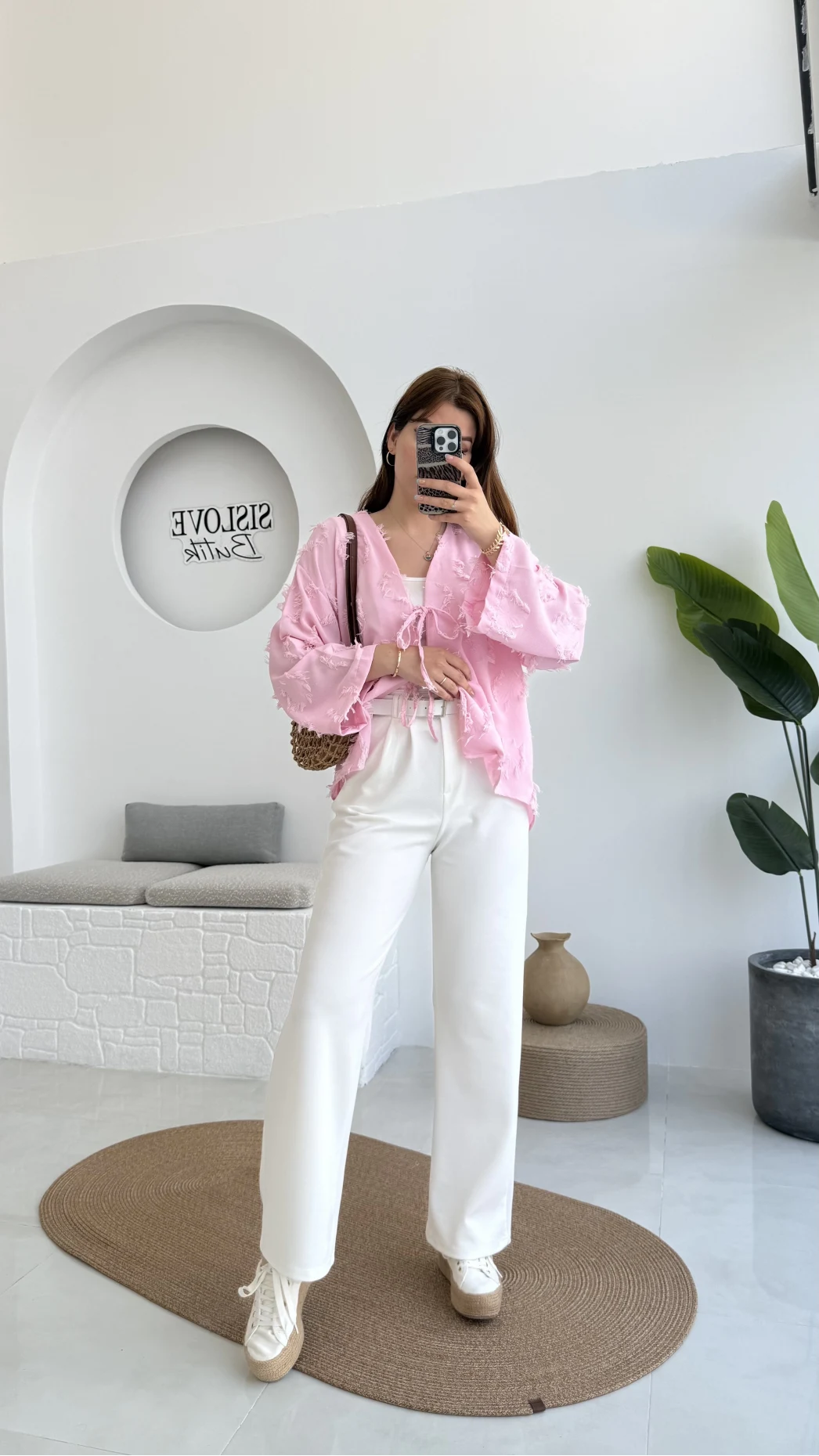 Çift Pile Detay Kemerli Örme Pantolon - Beyaz