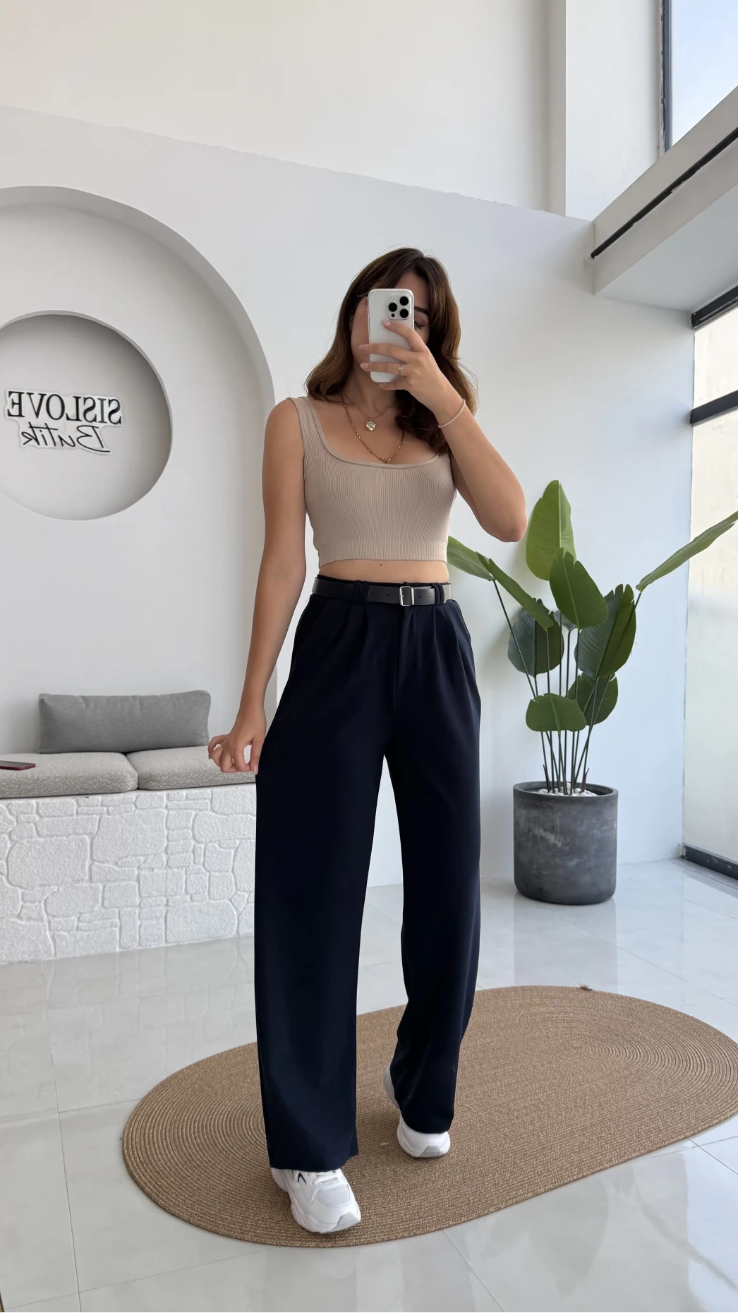 Çift Pile Detay Kemerli Örme Pantolon - Lacivert