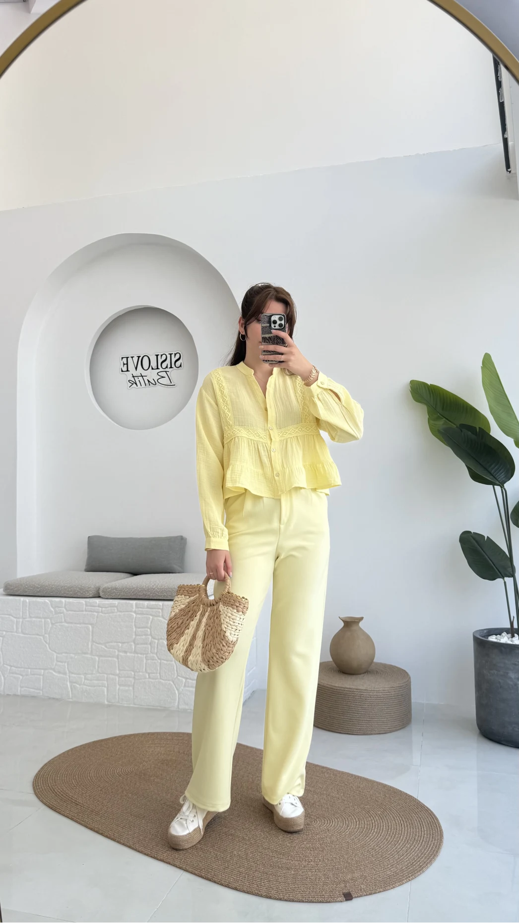 Çift Pile Detay Kemerli Örme Pantolon - Sarı