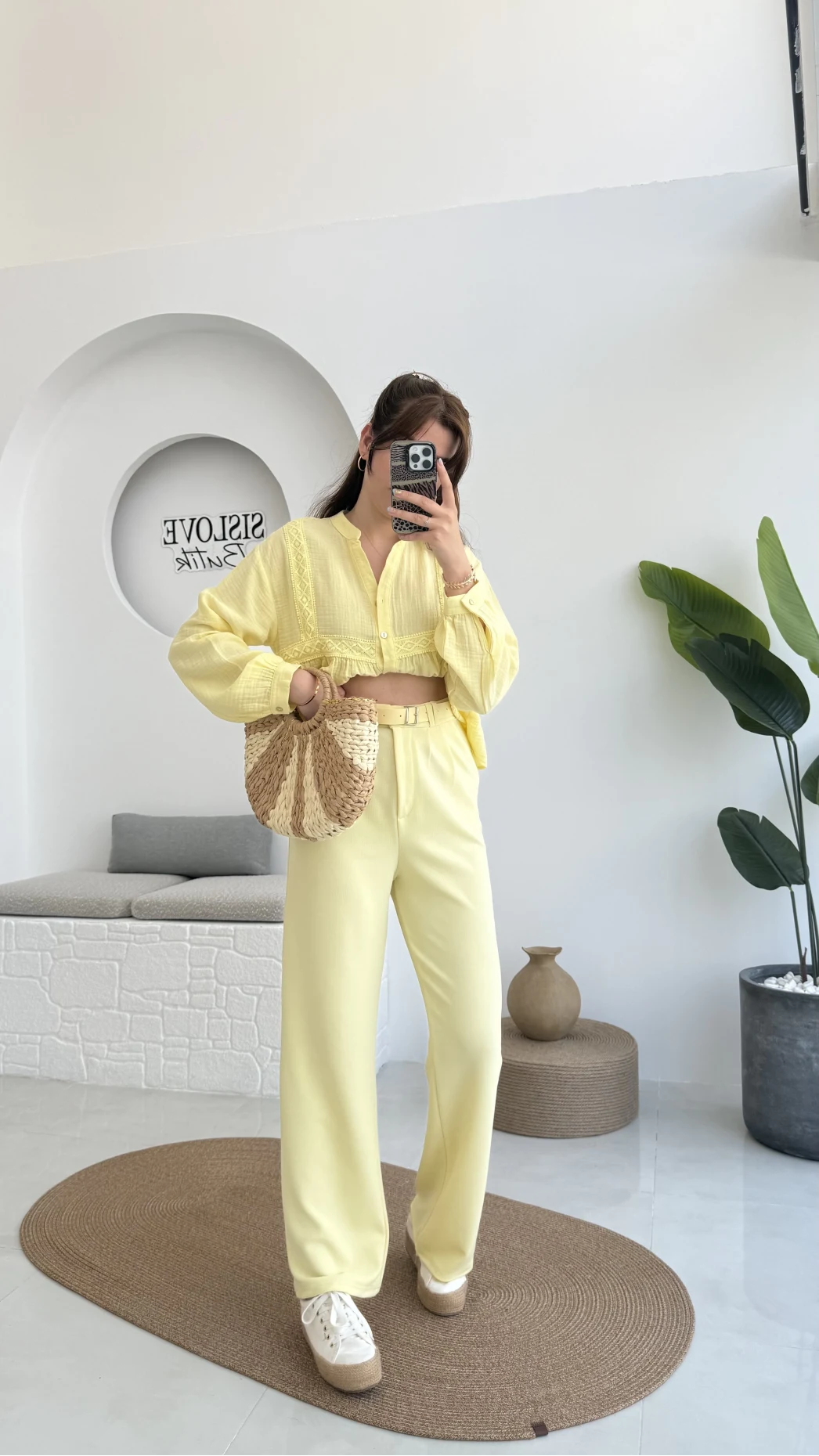 Çift Pile Detay Kemerli Örme Pantolon - Sarı