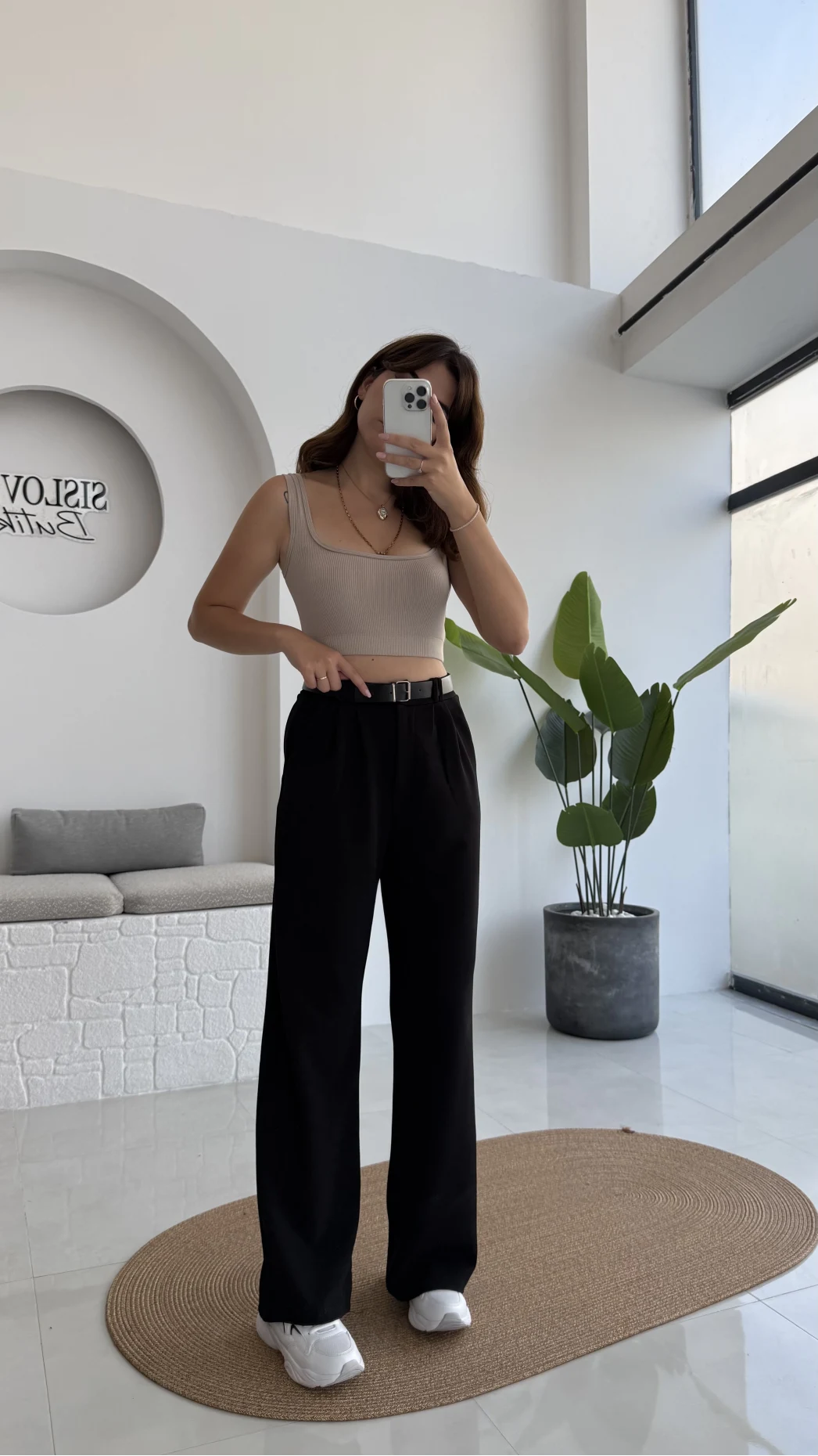 Çift Pile Detay Kemerli Örme Pantolon - Siyah