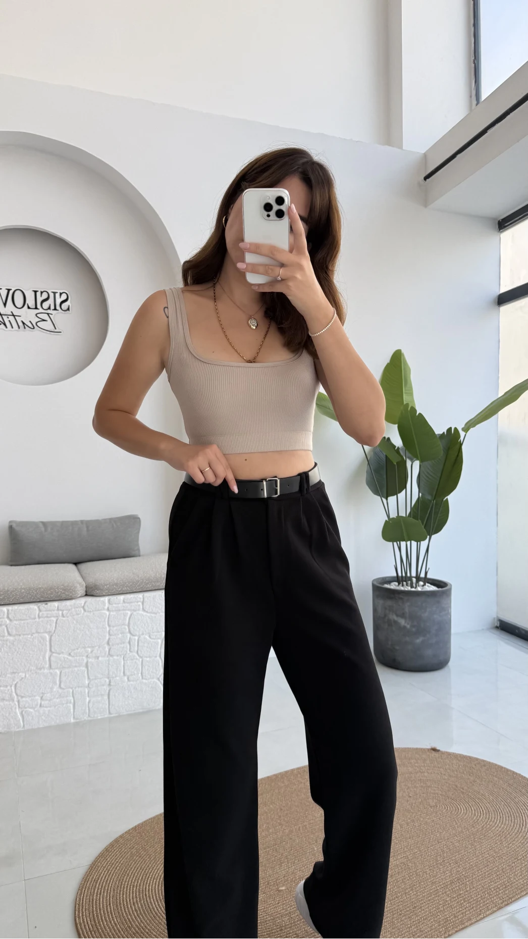 Çift Pile Detay Kemerli Örme Pantolon - Siyah