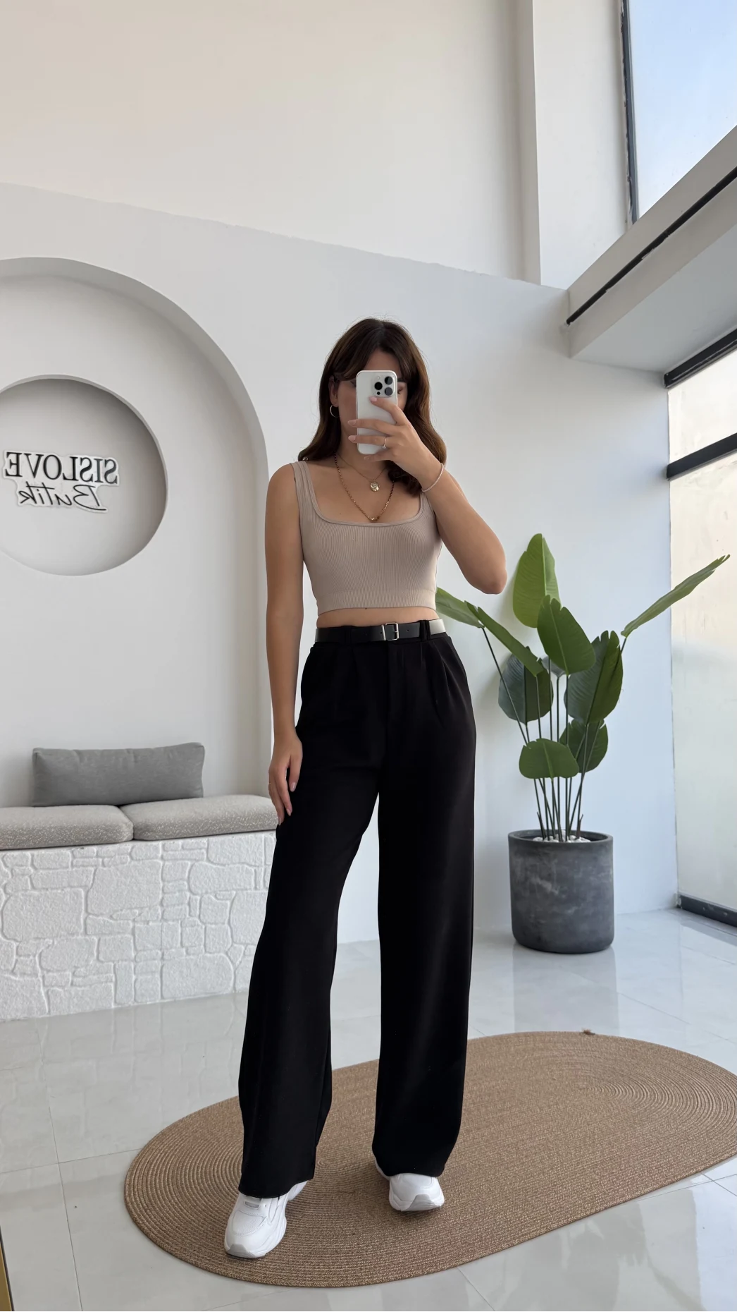 Çift Pile Detay Kemerli Örme Pantolon - Siyah