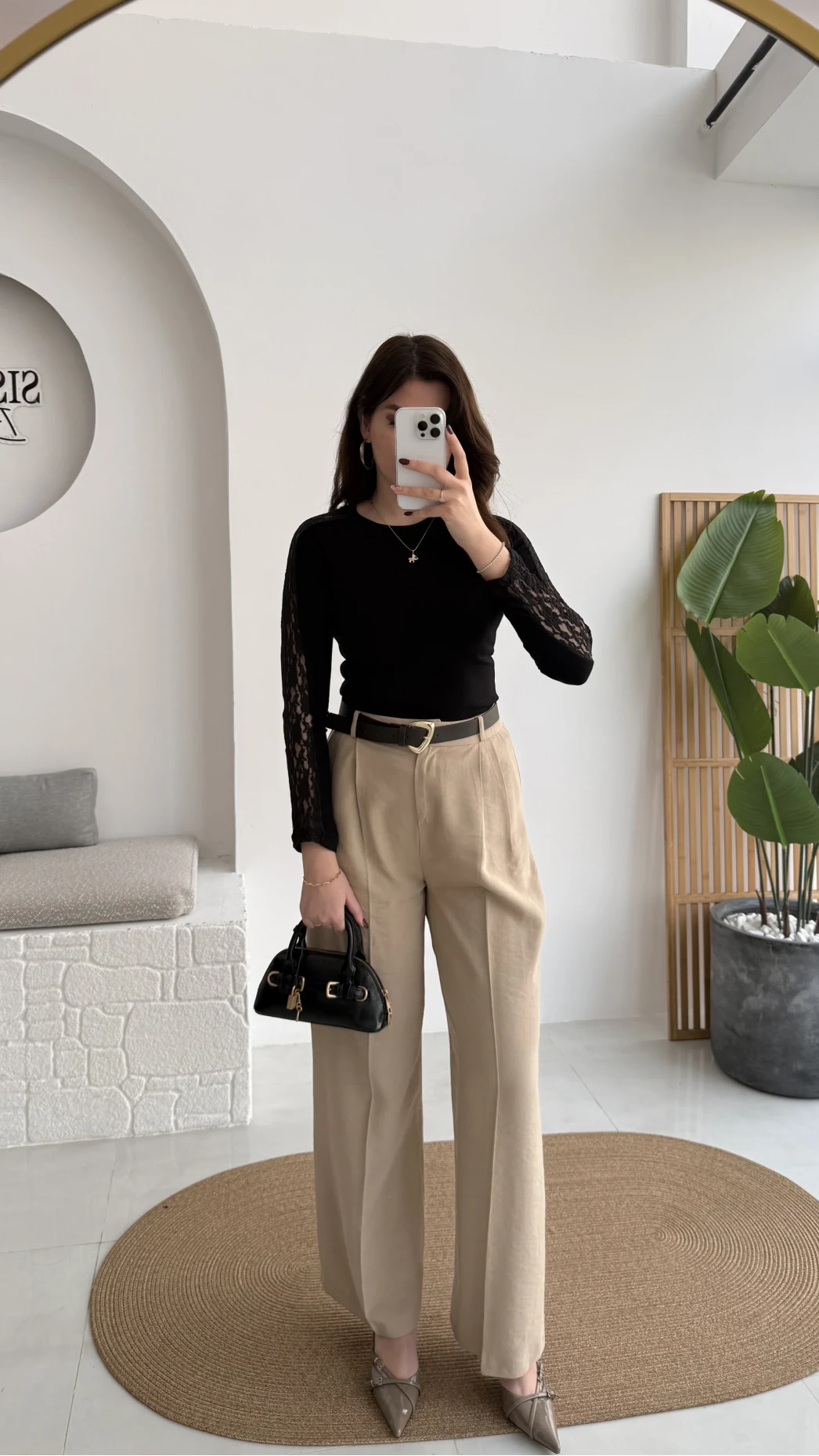 Çift Pileli Kemerli Pantolon - Vizon - Kod: 3875