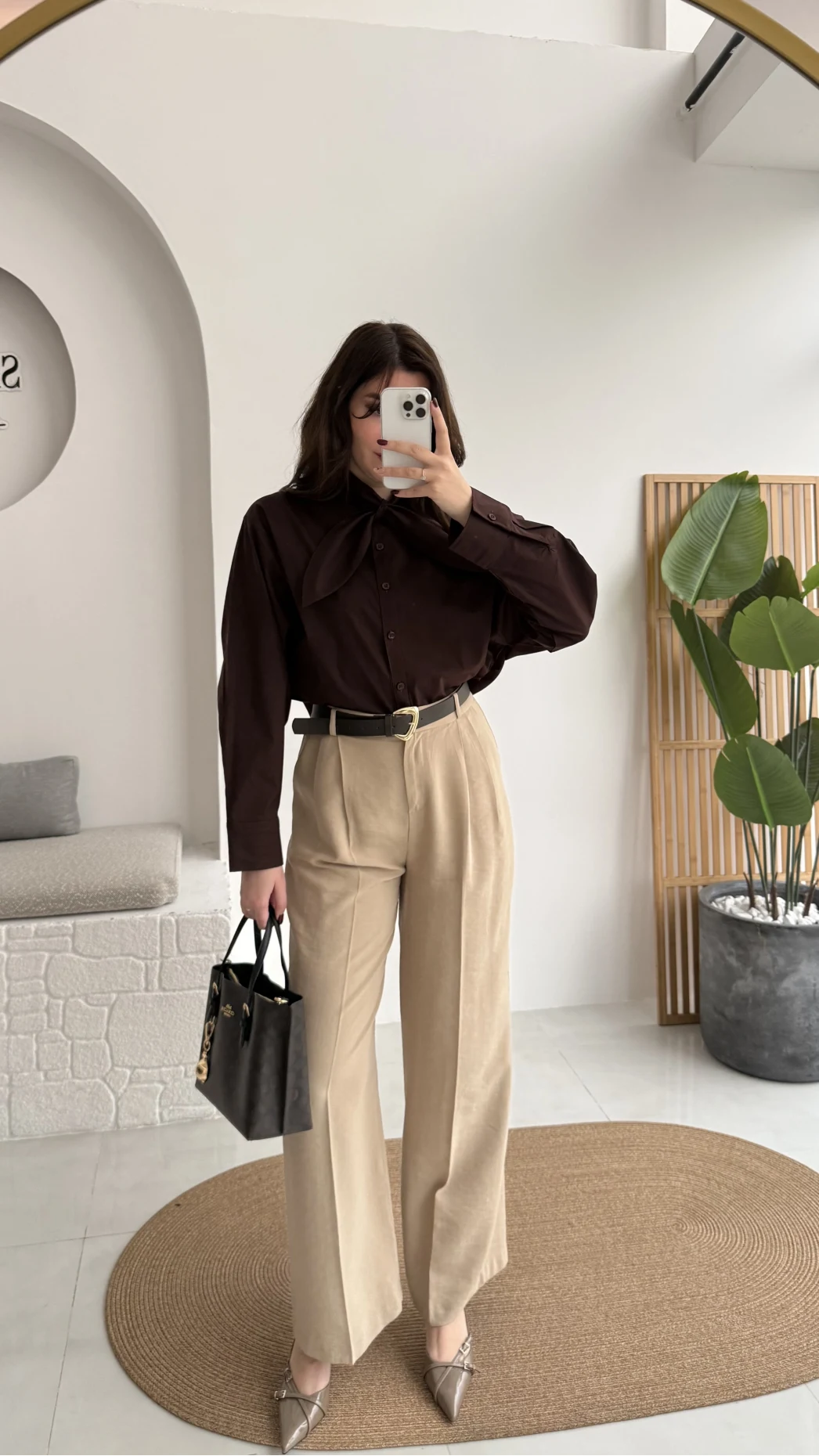 Çift Pileli Kemerli Pantolon - Vizon - Kod: 3875