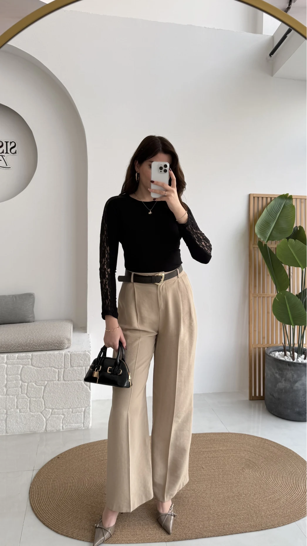 Çift Pileli Kemerli Pantolon - Vizon - Kod: 3875