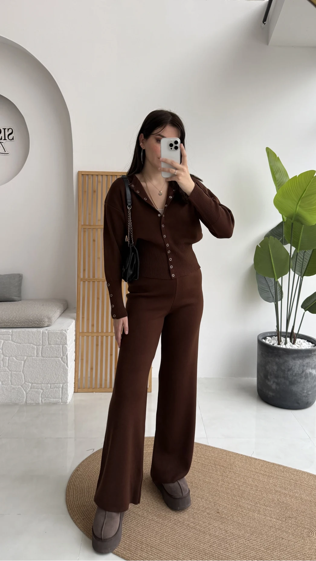 Çıt Çıt Düğme Detay Triko Takım - Kahverengi