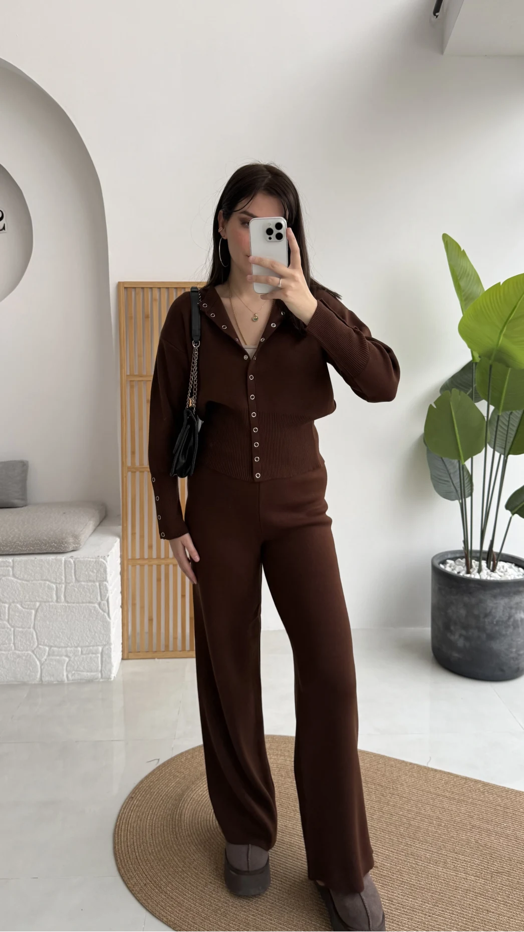 Çıt Çıt Düğme Detay Triko Takım - Kahverengi