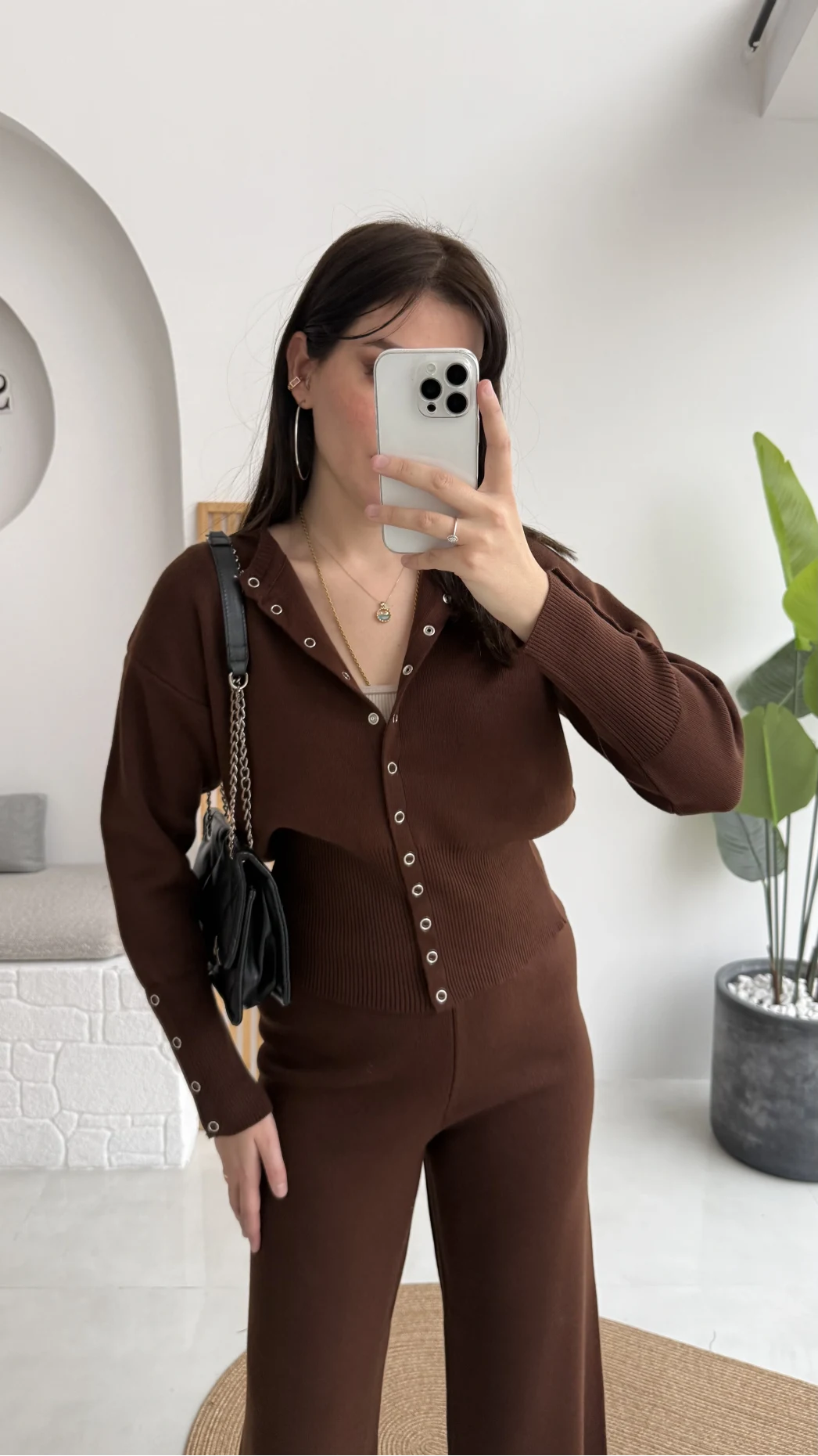 Çıt Çıt Düğme Detay Triko Takım - Kahverengi