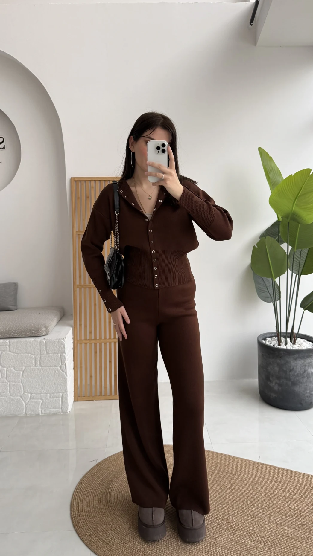 Çıt Çıt Düğme Detay Triko Takım - Kahverengi