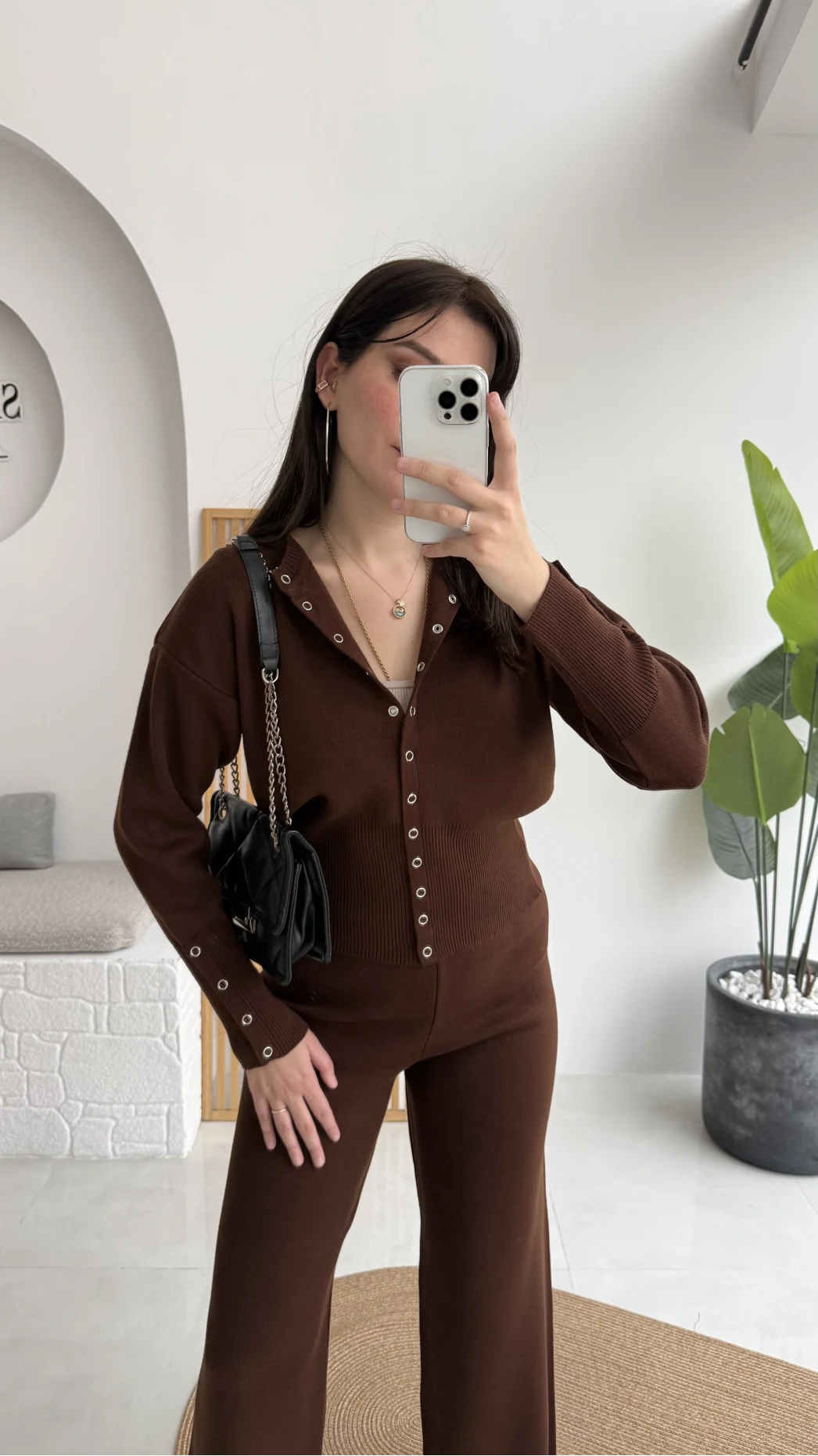 Çıt Çıt Düğme Detay Triko Takım - Kahverengi