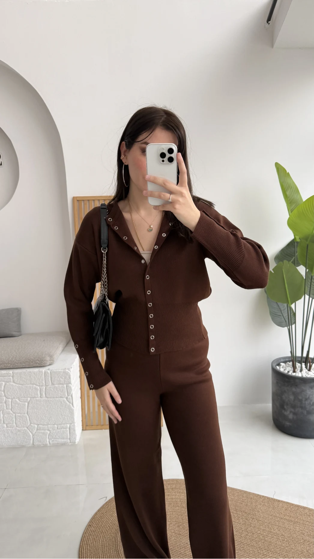 Çıt Çıt Düğme Detay Triko Takım - Kahverengi