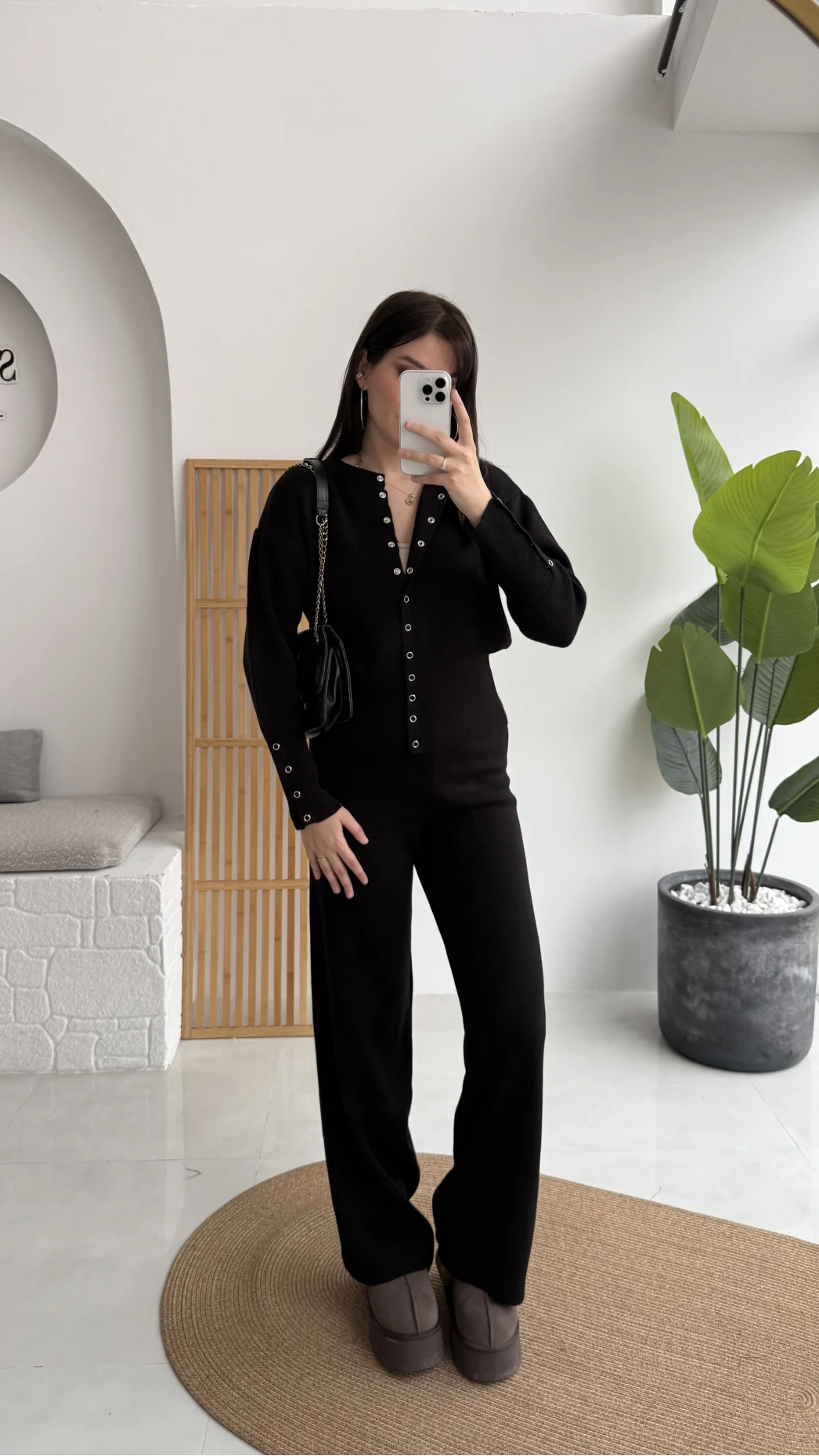 Çıt Çıt Düğme Detay Triko Takım - Siyah