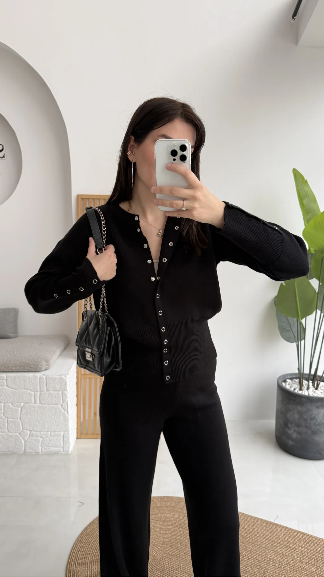 Çıt Çıt Düğme Detay Triko Takım - Siyah