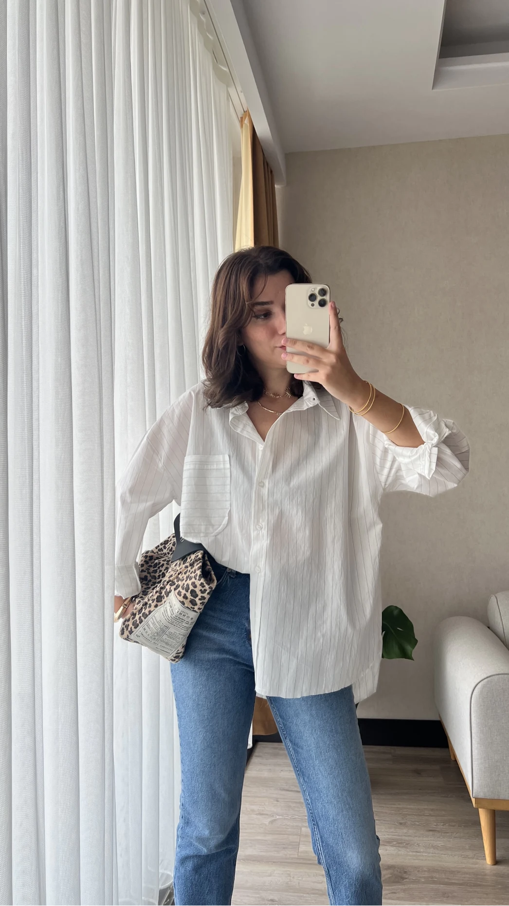 Çizgili Beyaz Tunik Gömlek (Kesik Model)