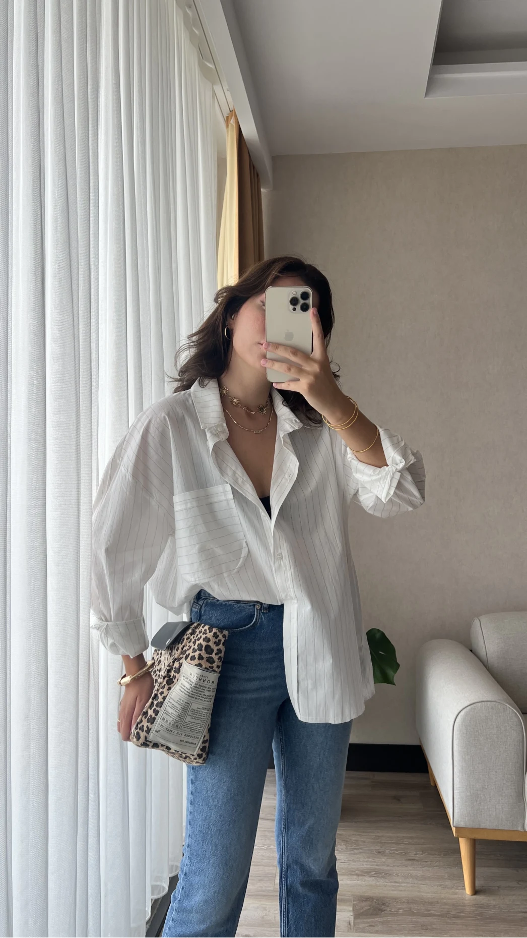 Çizgili Beyaz Tunik Gömlek (Kesik Model)