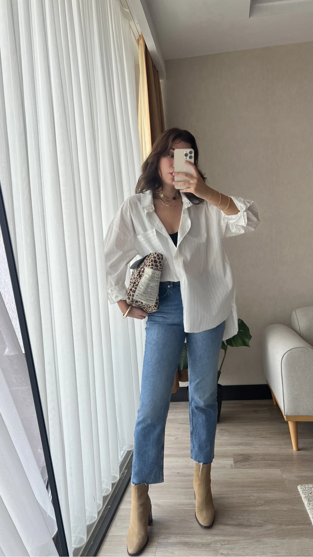 Çizgili Beyaz Tunik Gömlek (Kesik Model)