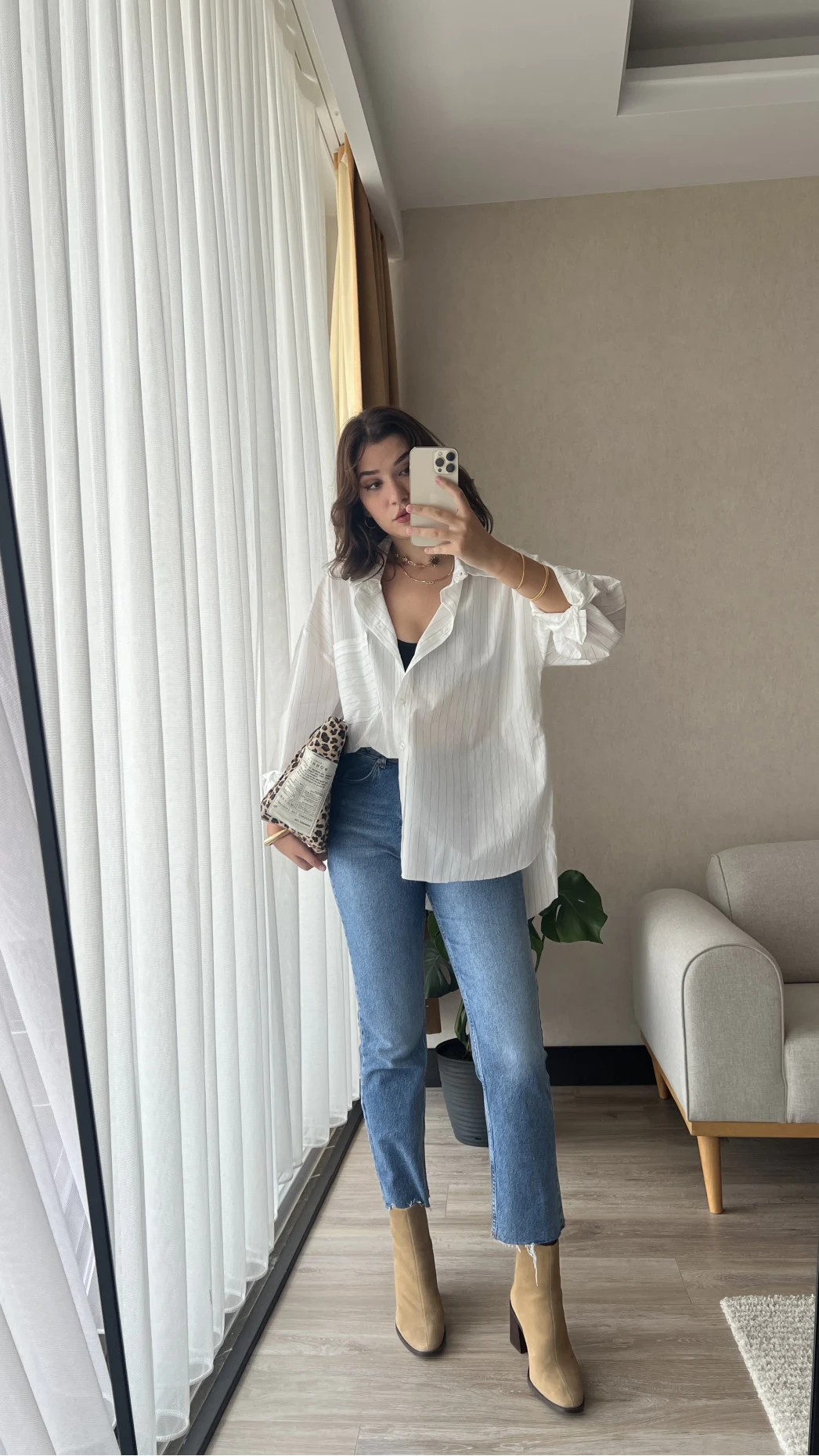 Çizgili Beyaz Tunik Gömlek (Kesik Model)