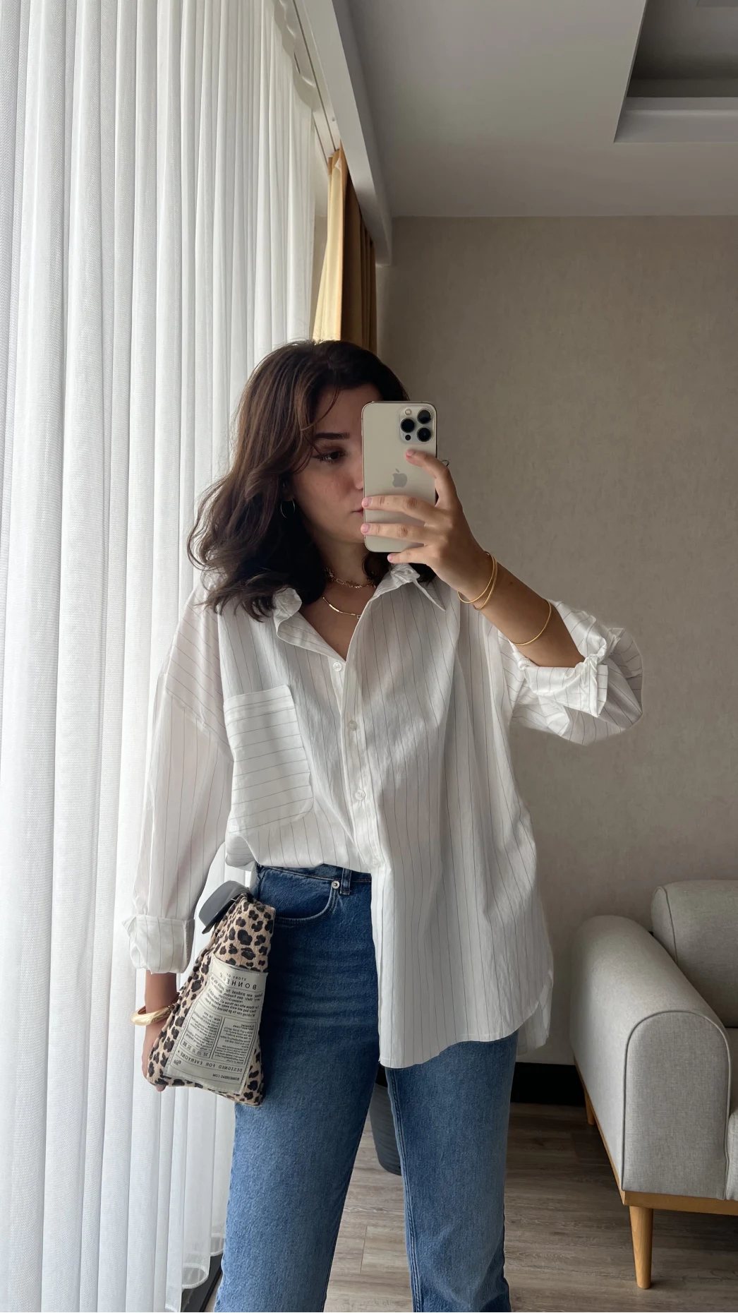 Çizgili Beyaz Tunik Gömlek (Kesik Model)