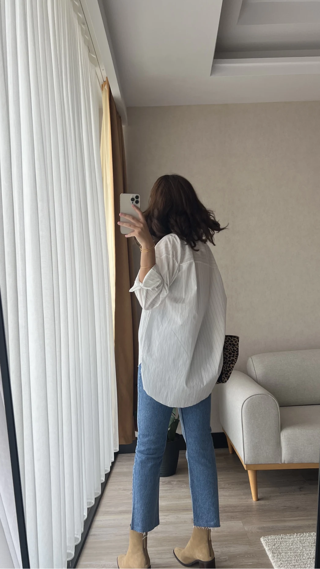 Çizgili Beyaz Tunik Gömlek (Kesik Model)