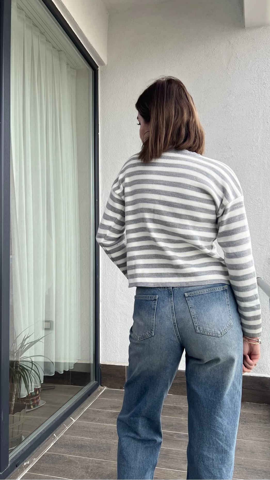 Çizgili Gri Çift Düğmeli Hırka