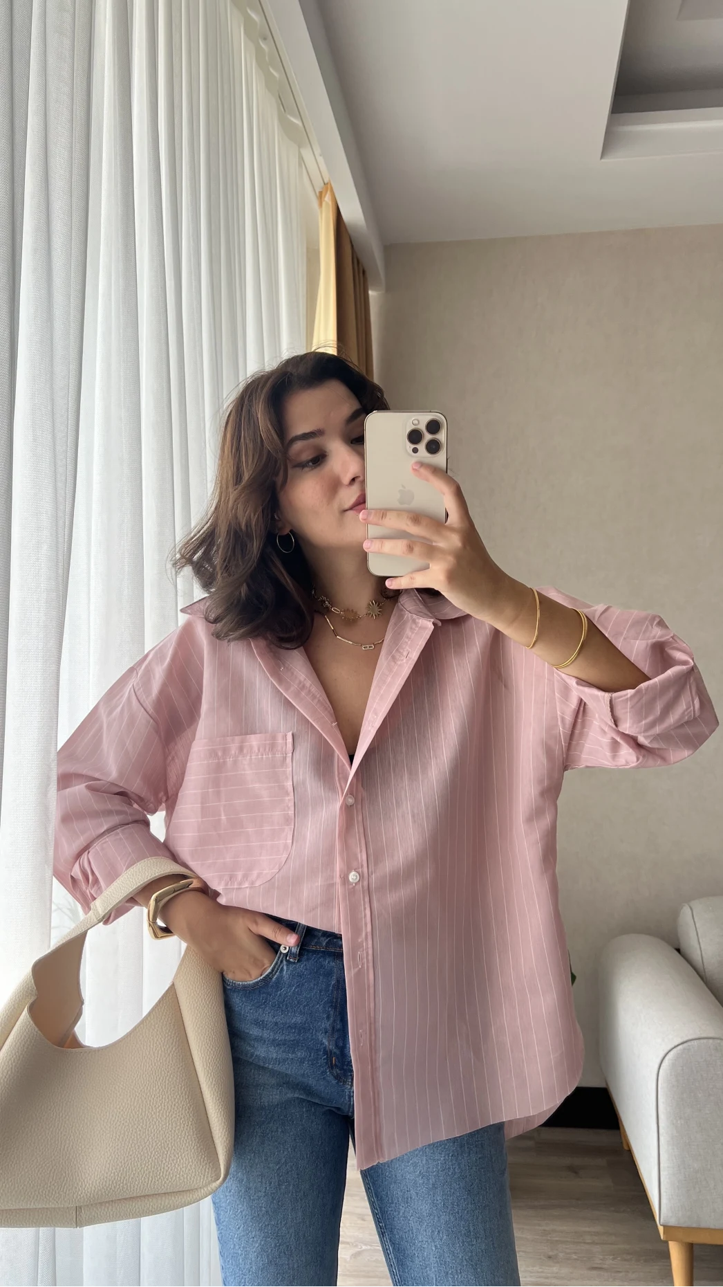 Çizgili Pembe Tunik Gömlek (Kesik Model)