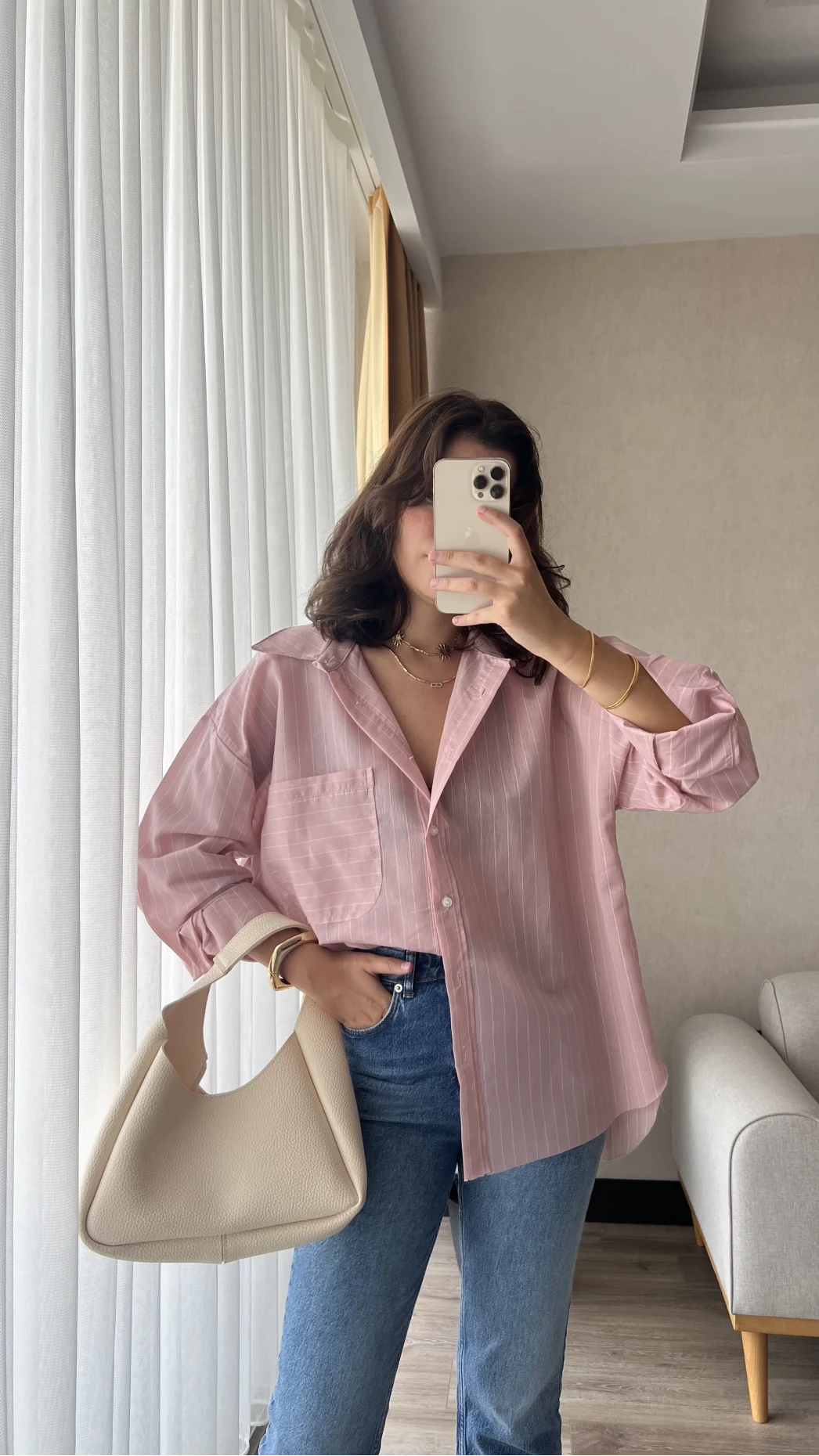 Çizgili Pembe Tunik Gömlek (Kesik Model)