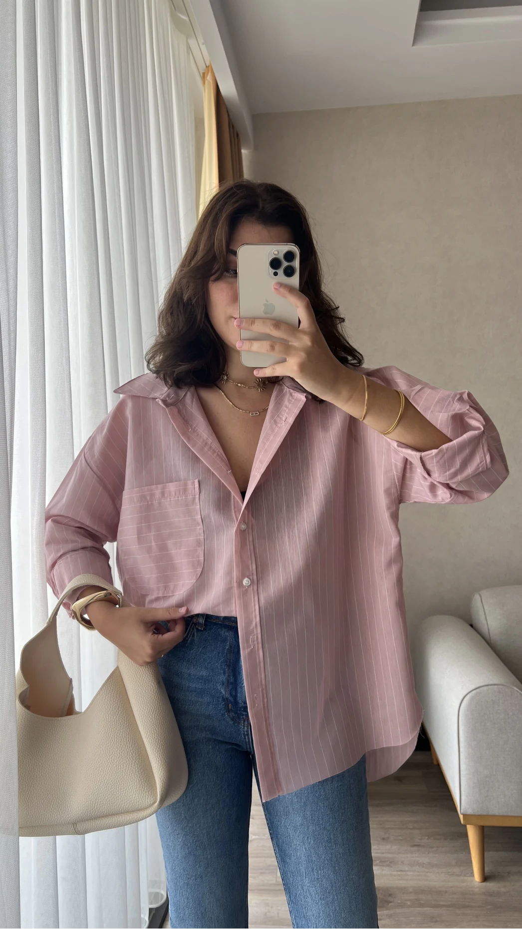 Çizgili Pembe Tunik Gömlek (Kesik Model)