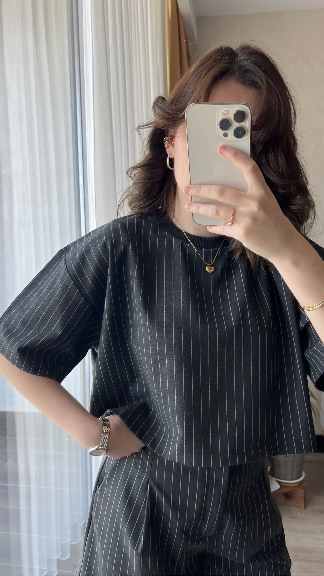 Çizgili Şortlu Takım Koyu Antrasit