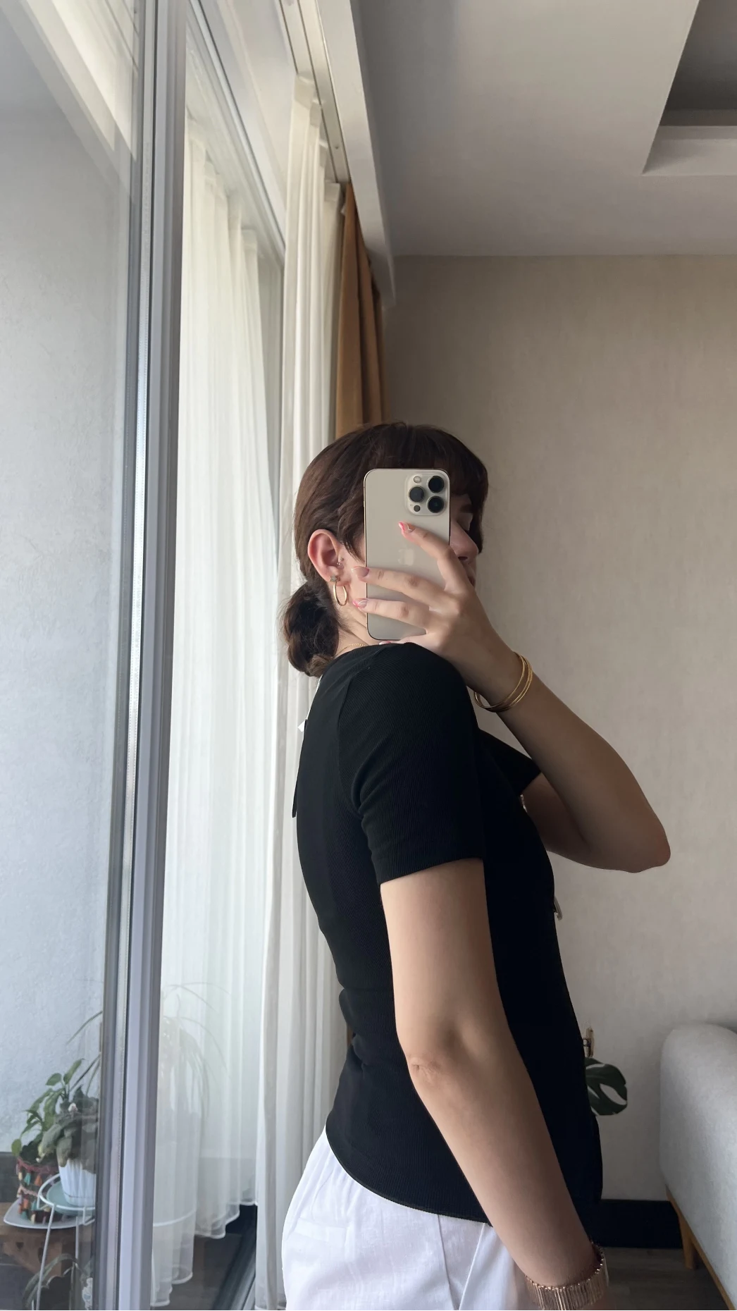Clasic Siyah Önü Düğme Detay Fitili T-Shirt