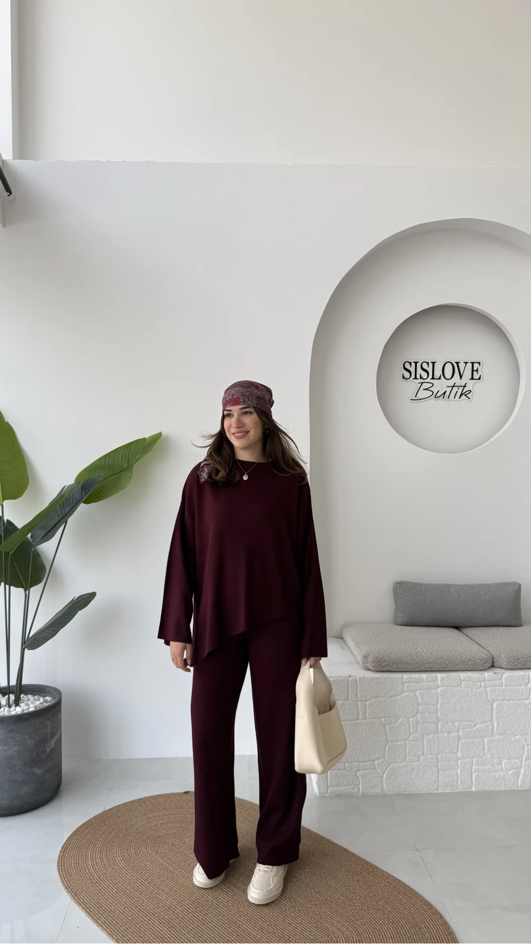 Cleo Asimetrik Kesim Triko Takım - Bordo - Kod: 04586