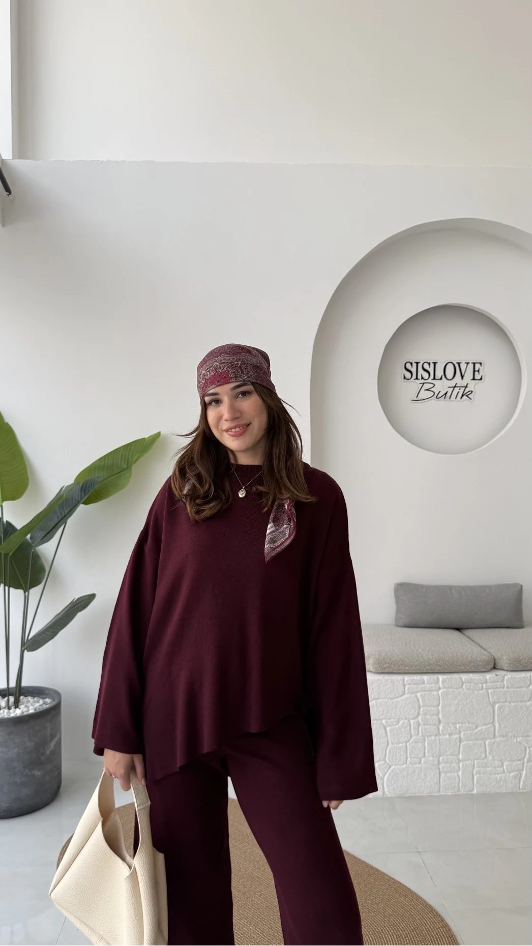 Cleo Asimetrik Kesim Triko Takım - Bordo - Kod: 04586