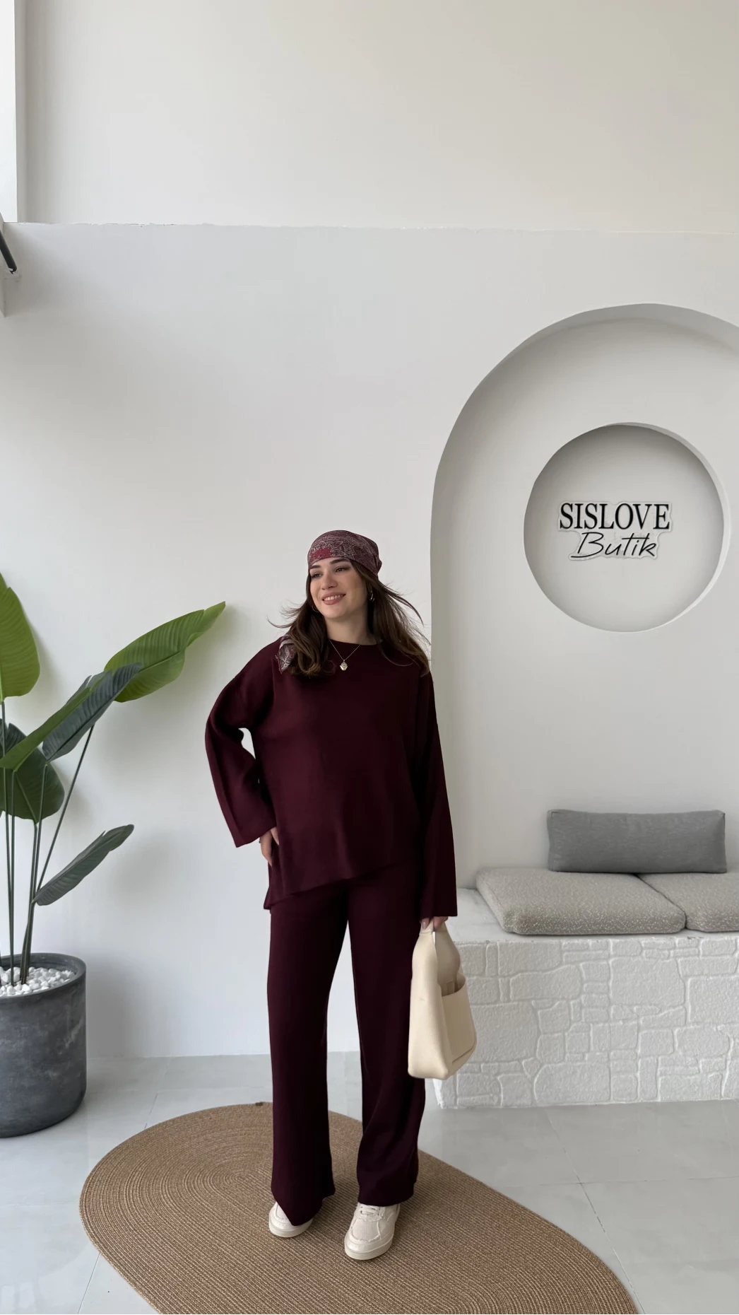 Cleo Asimetrik Kesim Triko Takım - Bordo - Kod: 04586
