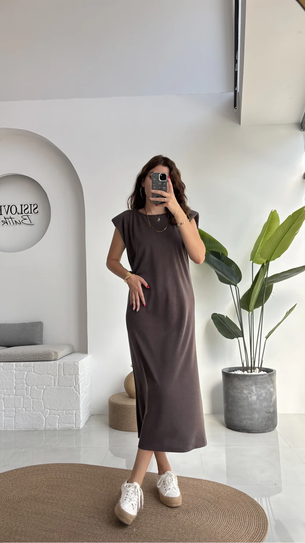 Clover Vatkalı Elbise - Kahve