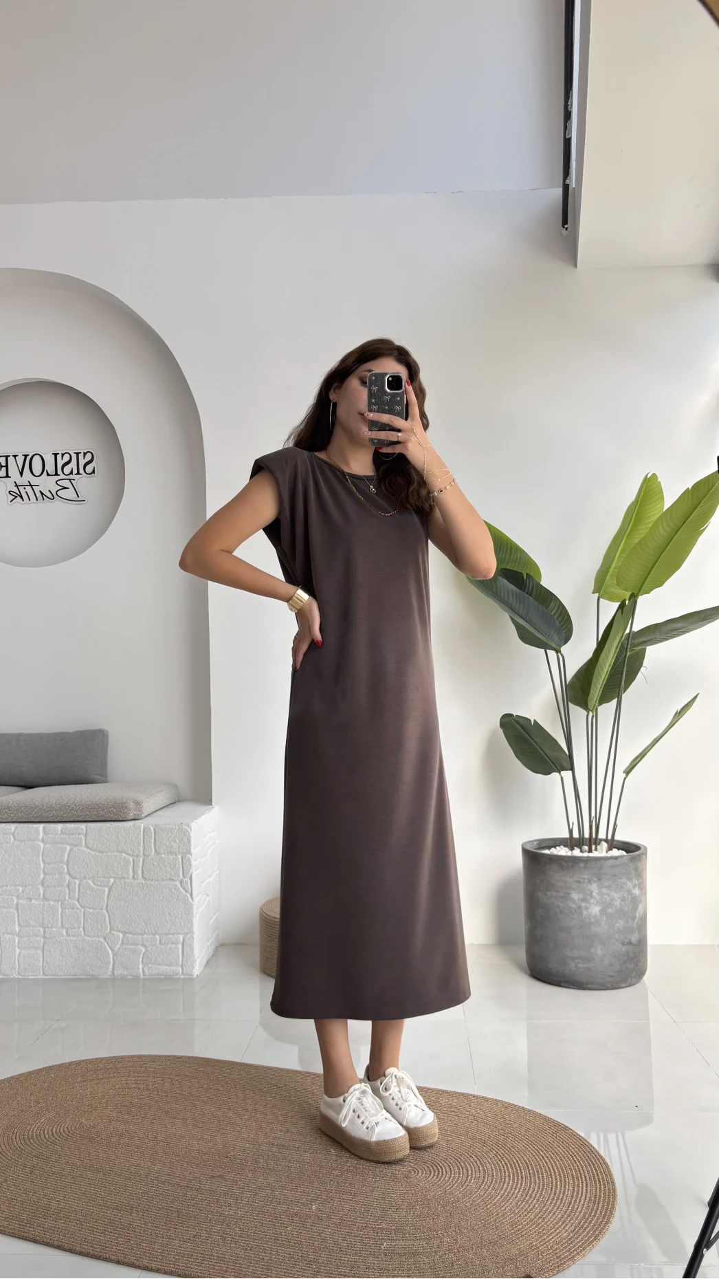 Clover Vatkalı Elbise - Kahve