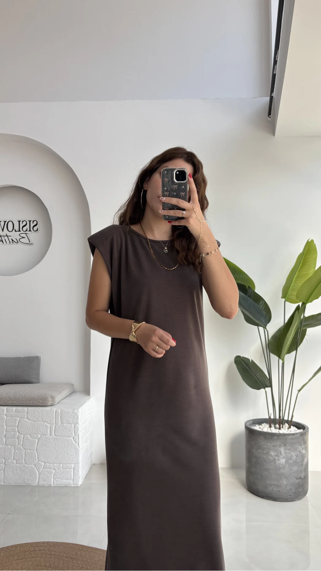 Clover Vatkalı Elbise - Kahve