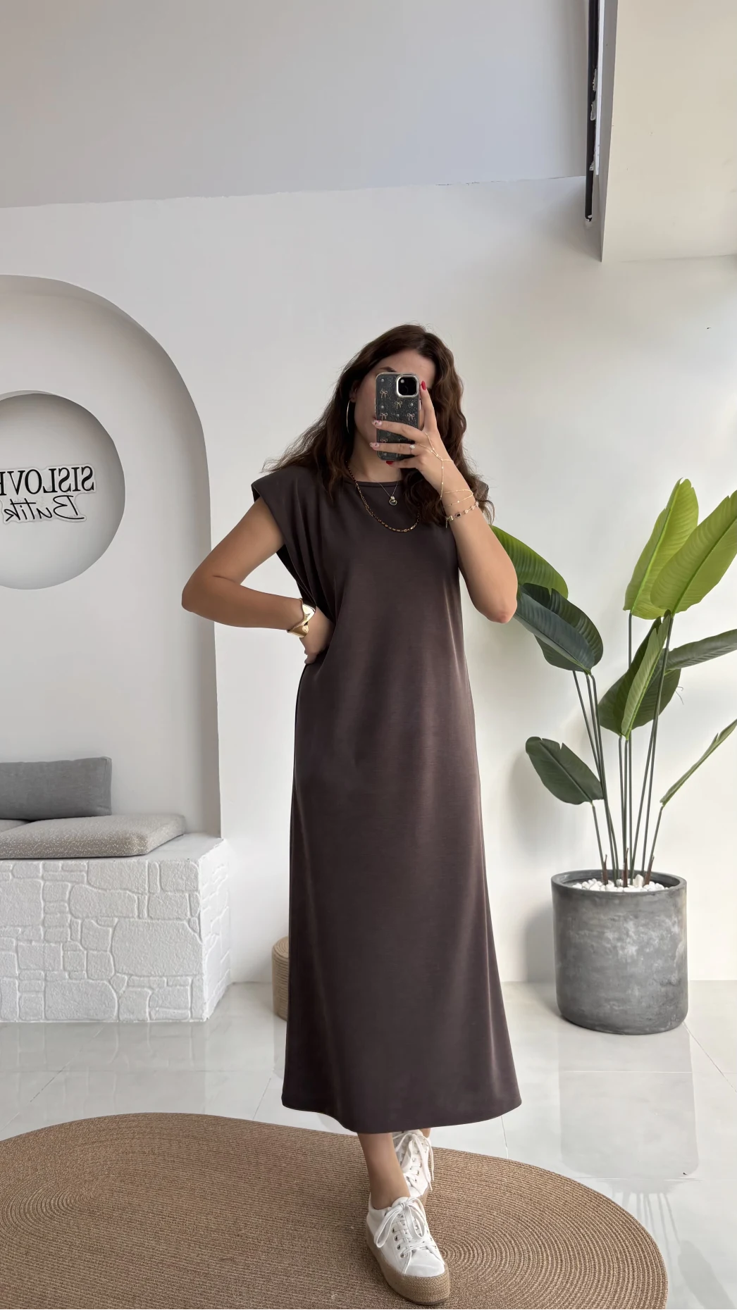 Clover Vatkalı Elbise - Kahve