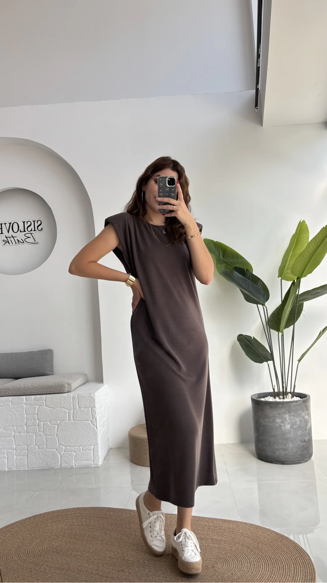 Clover Vatkalı Elbise - Kahve