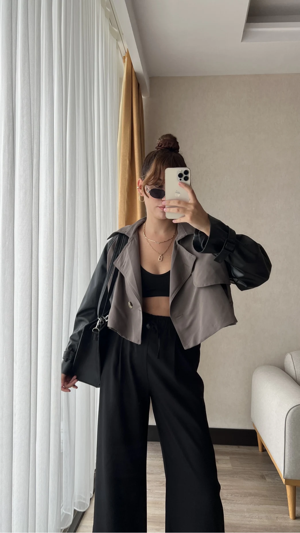 Cool Oversize Yarı Deri Siyah Trençkot