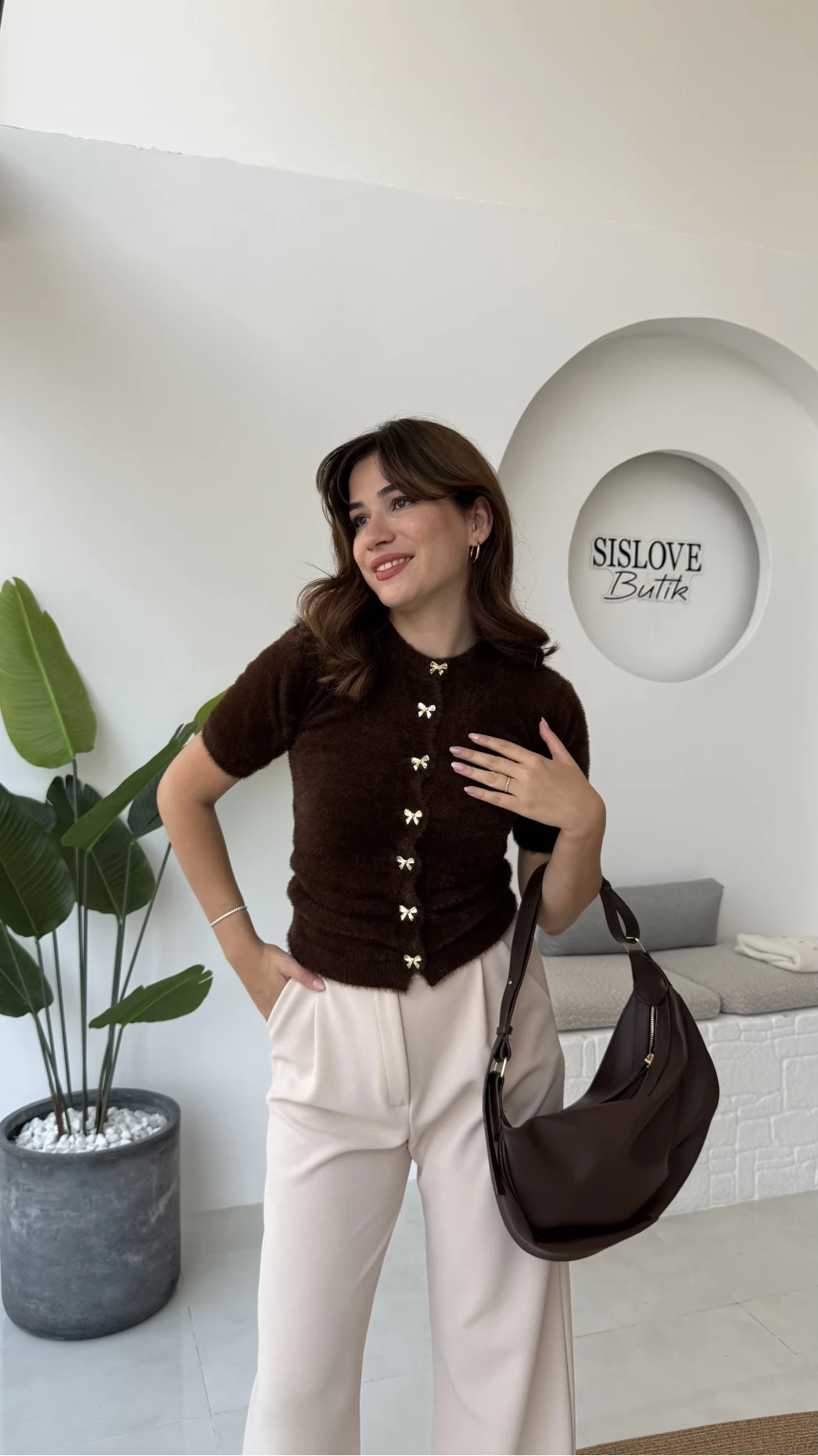 Coquette Kurdele Düğmeli Hırka - Kahverengi - 25033
