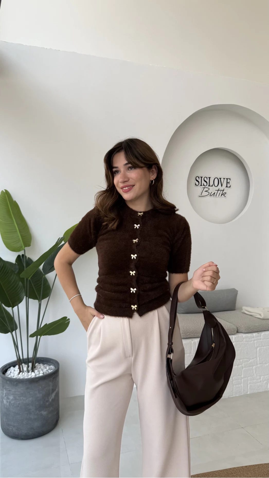 Coquette Kurdele Düğmeli Hırka - Kahverengi - 25033