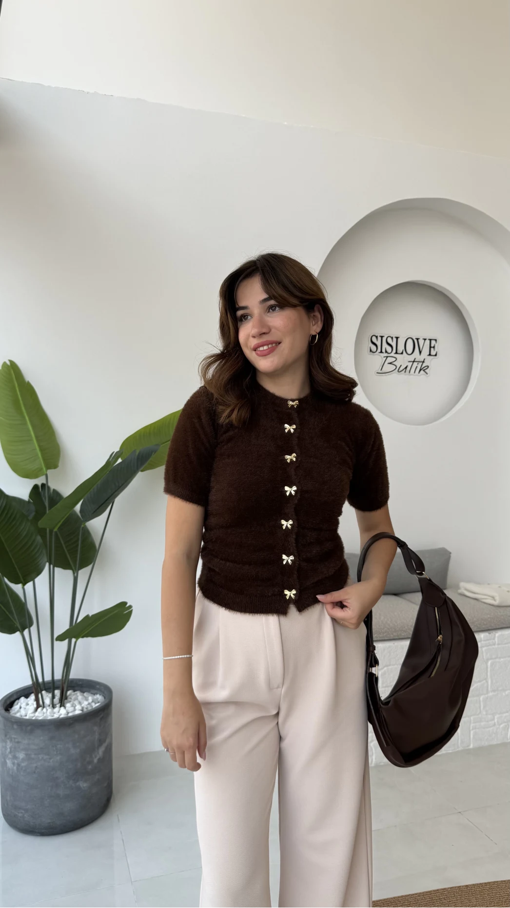 Coquette Kurdele Düğmeli Hırka - Kahverengi - 25033