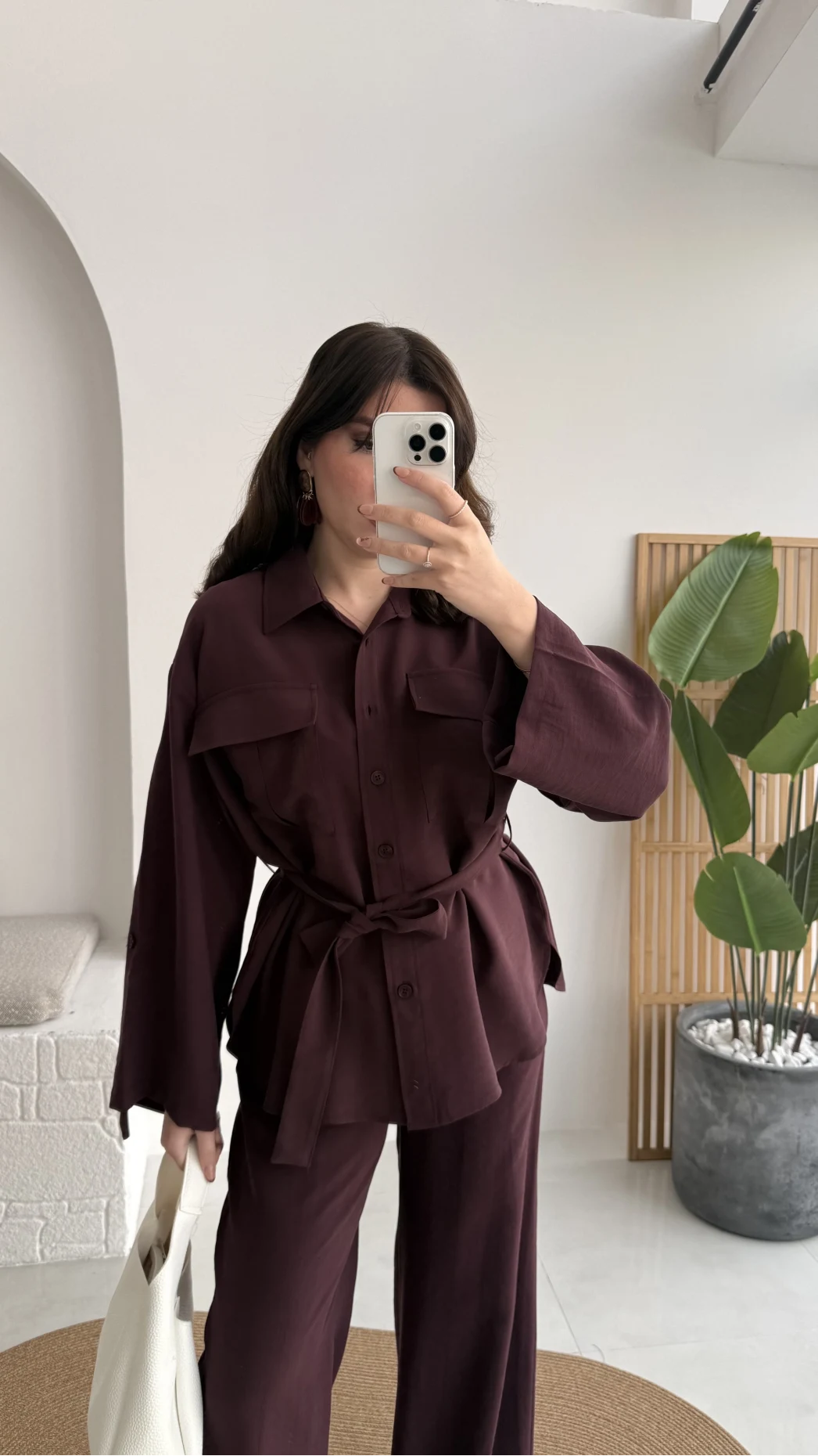 Cora Kuşaklı Oversize Tunik Gömlek Takım - Mürdüm - Kod: 8874