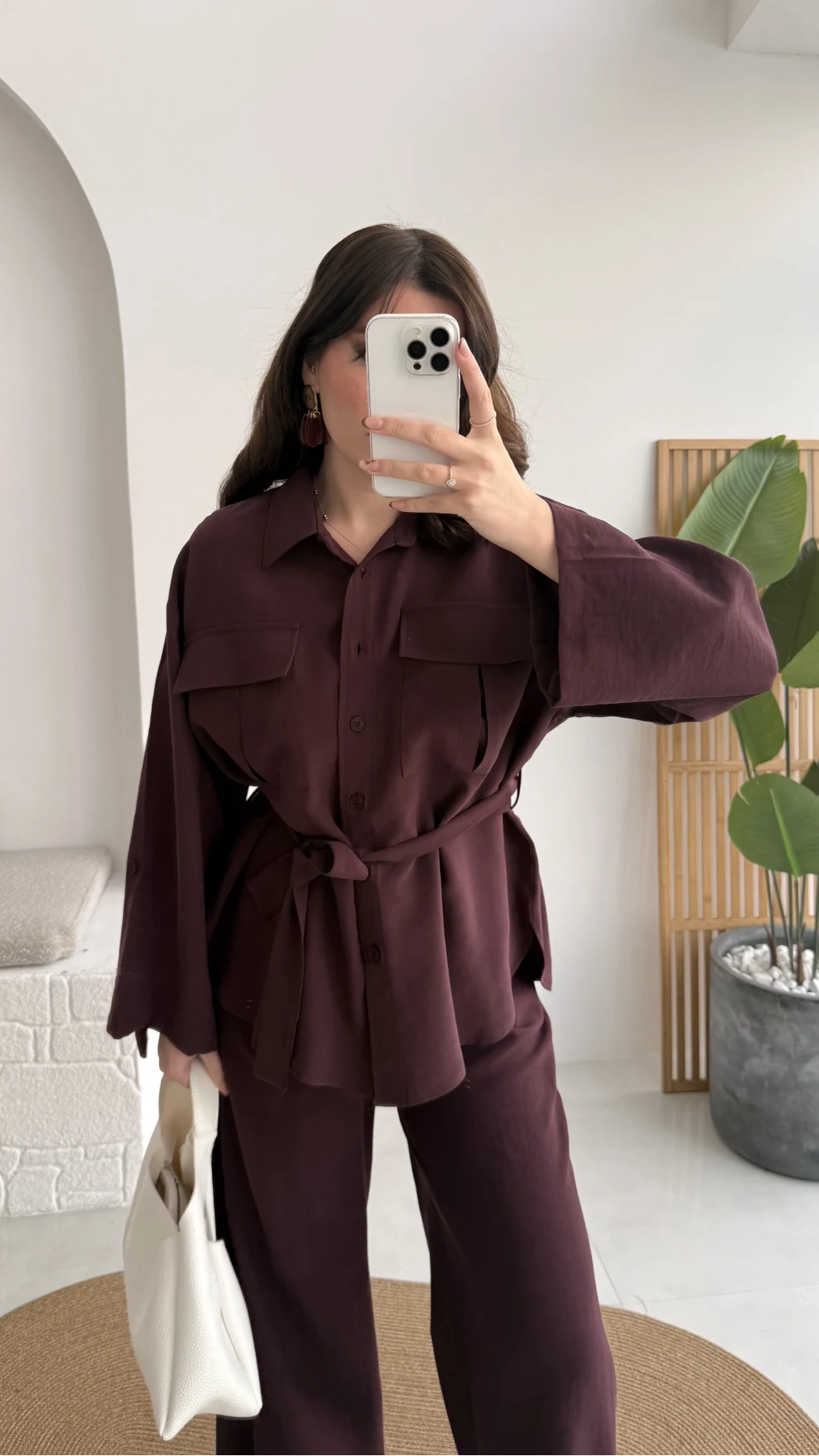 Cora Kuşaklı Oversize Tunik Gömlek Takım - Mürdüm - Kod: 8874