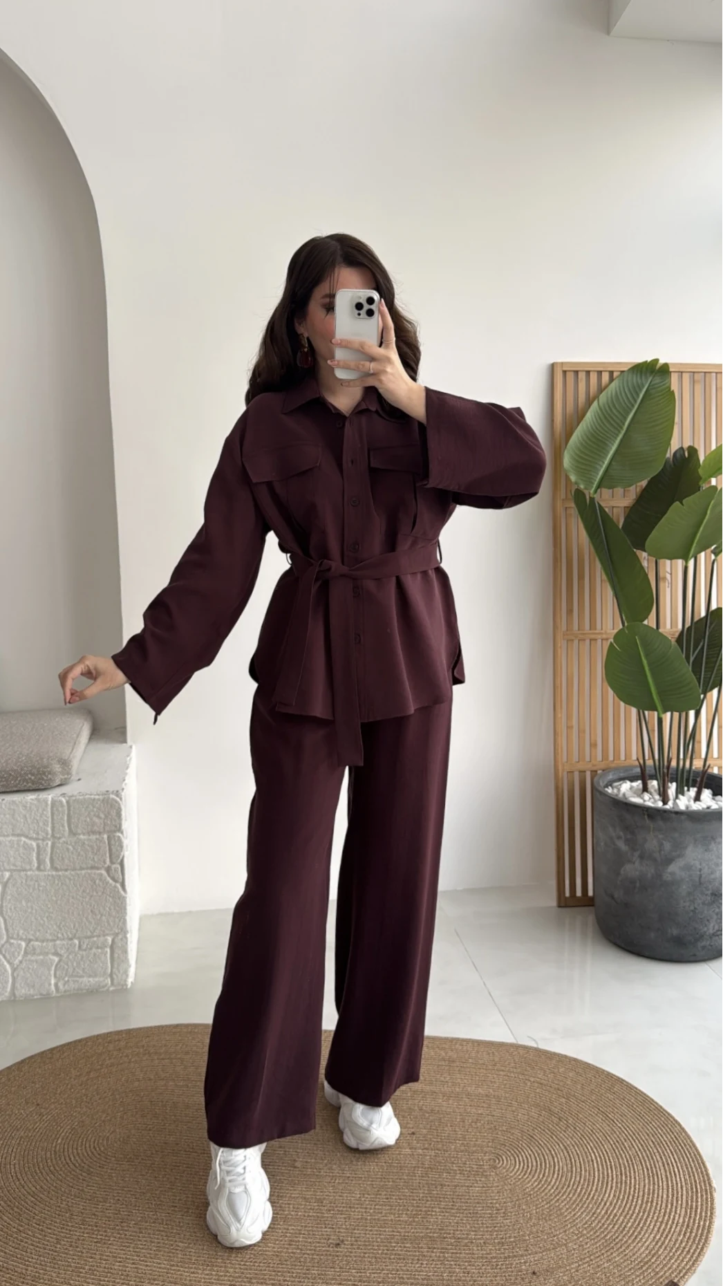 Cora Kuşaklı Oversize Tunik Gömlek Takım - Mürdüm - Kod: 8874