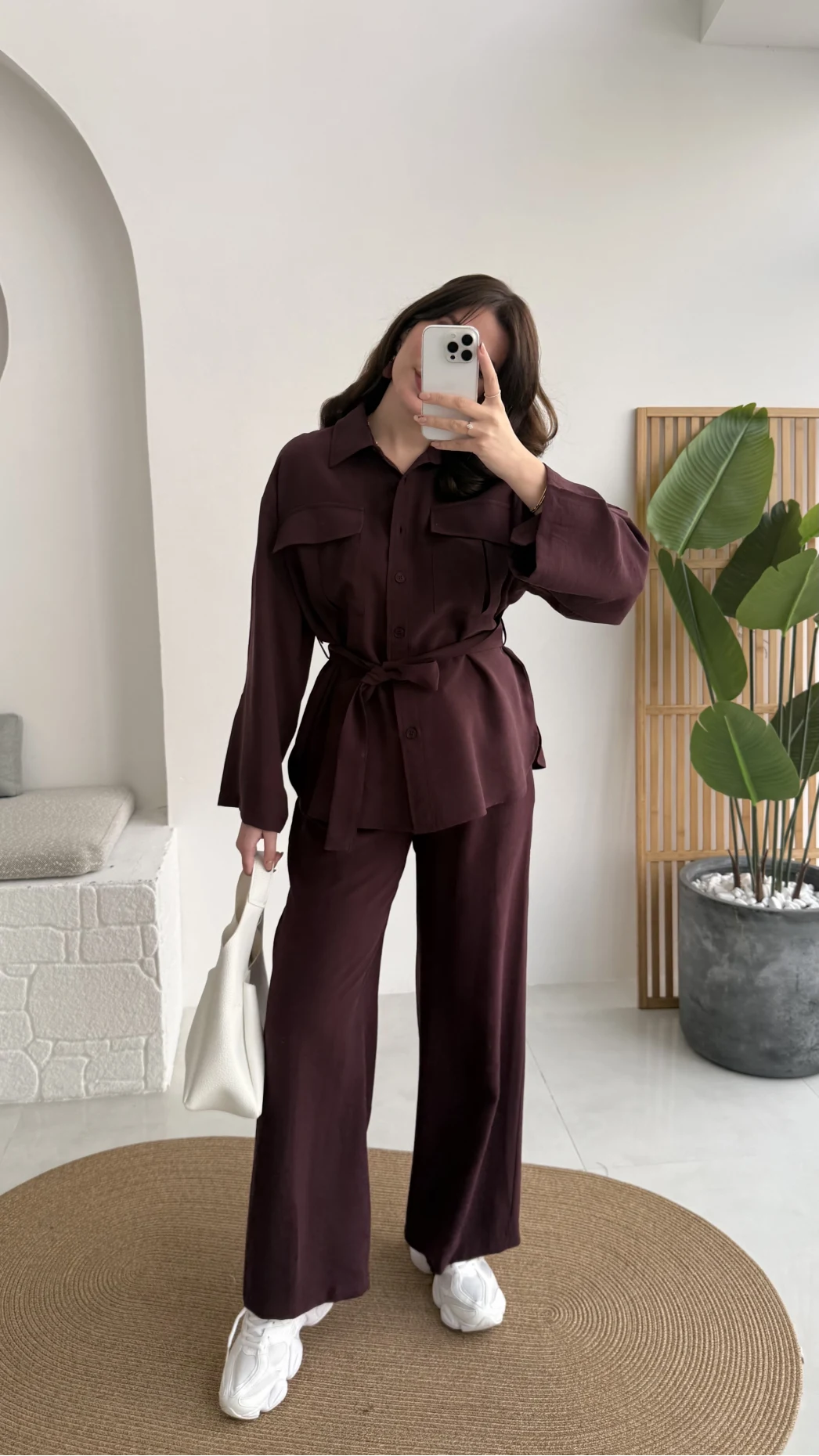 Cora Kuşaklı Oversize Tunik Gömlek Takım - Mürdüm - Kod: 8874