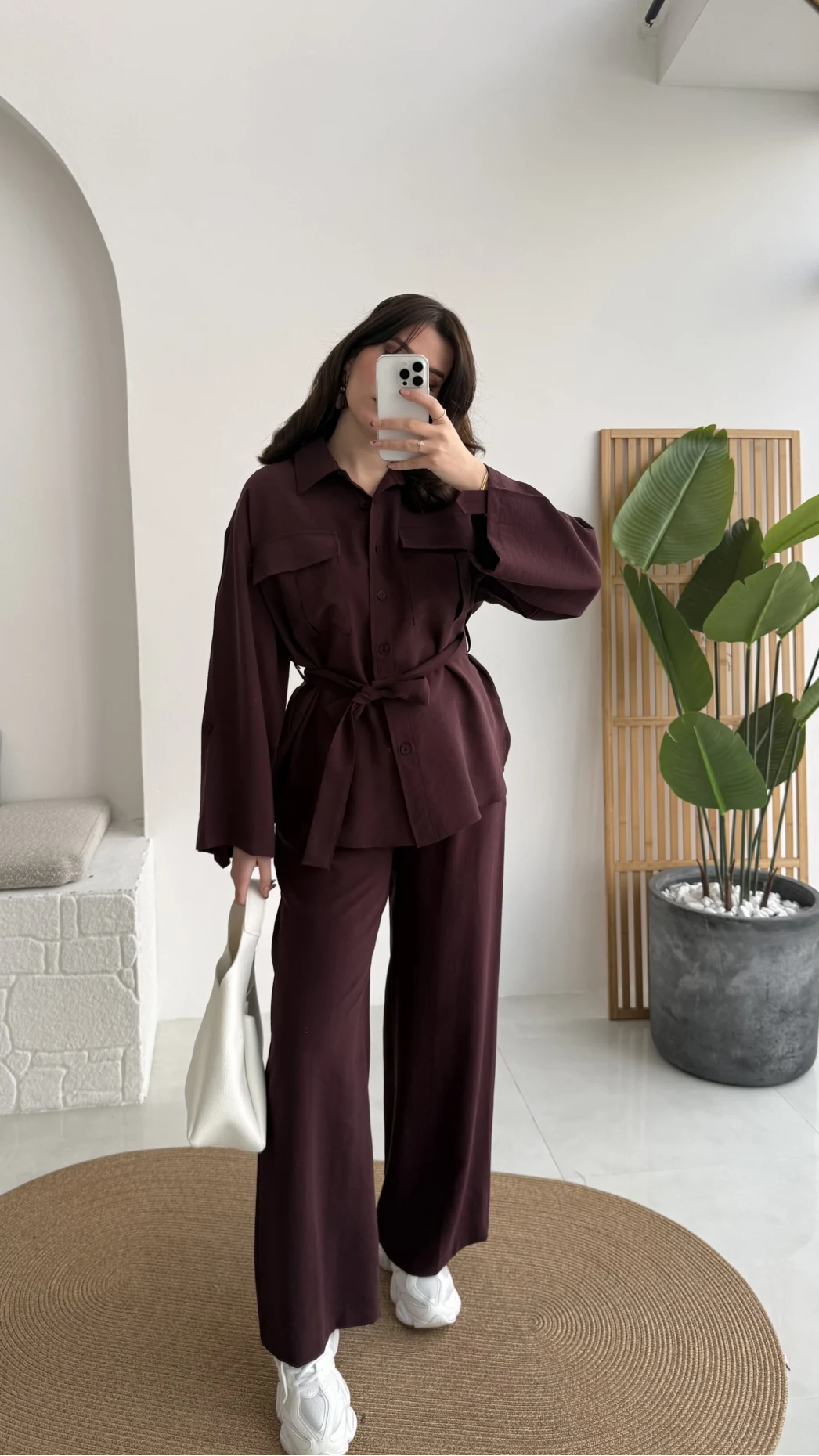 Cora Kuşaklı Oversize Tunik Gömlek Takım - Mürdüm - Kod: 8874