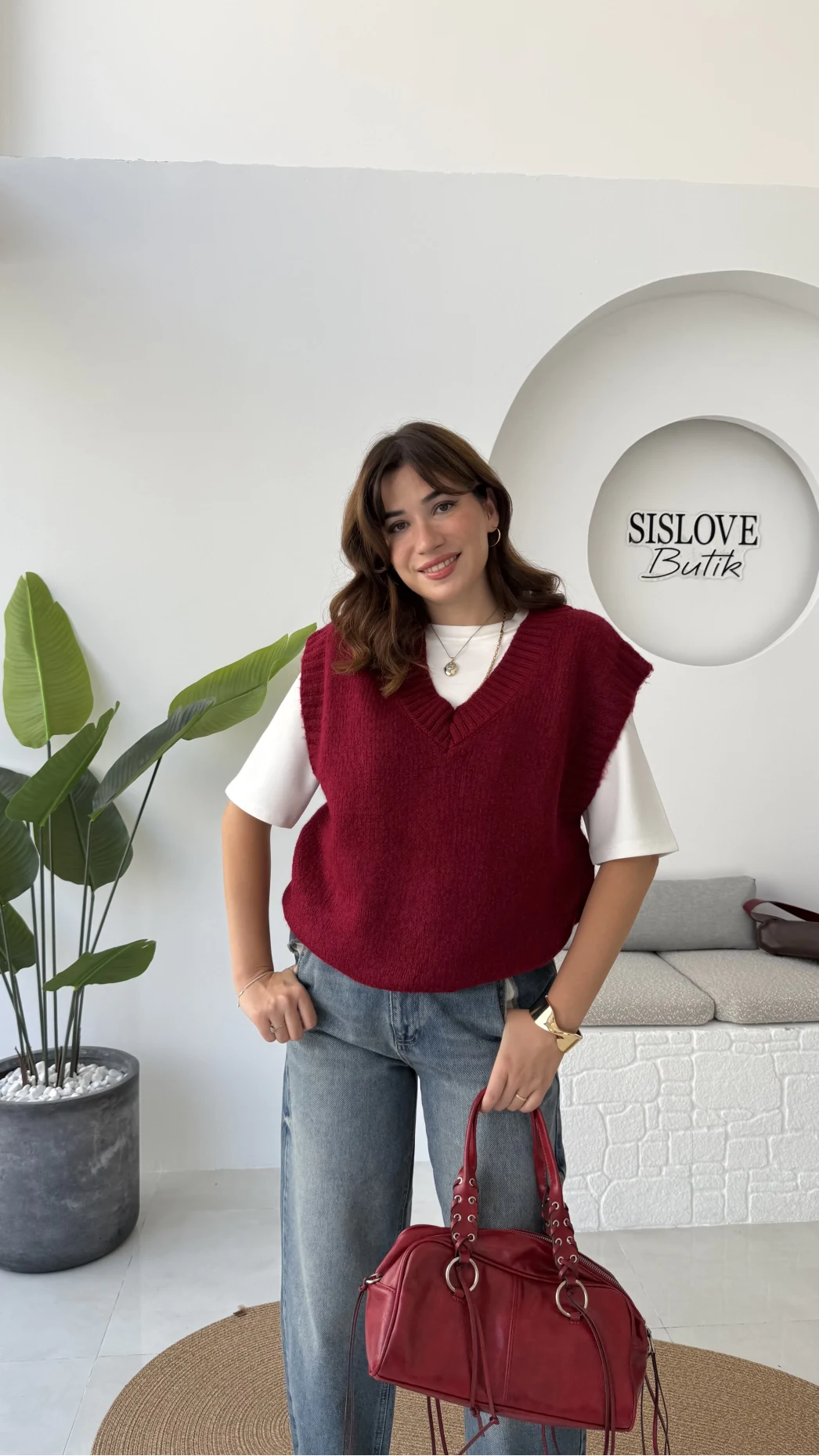 Daisy V Yaka Süveter - Bordo - Kod: 04583