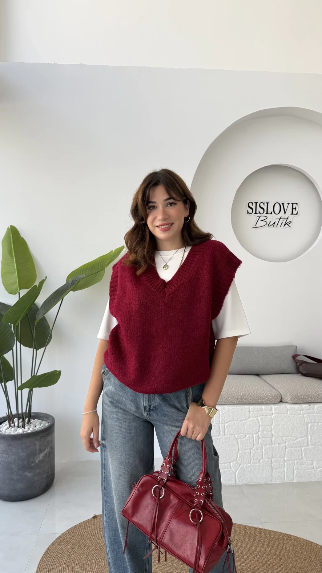 Daisy V Yaka Süveter - Bordo - Kod: 04583