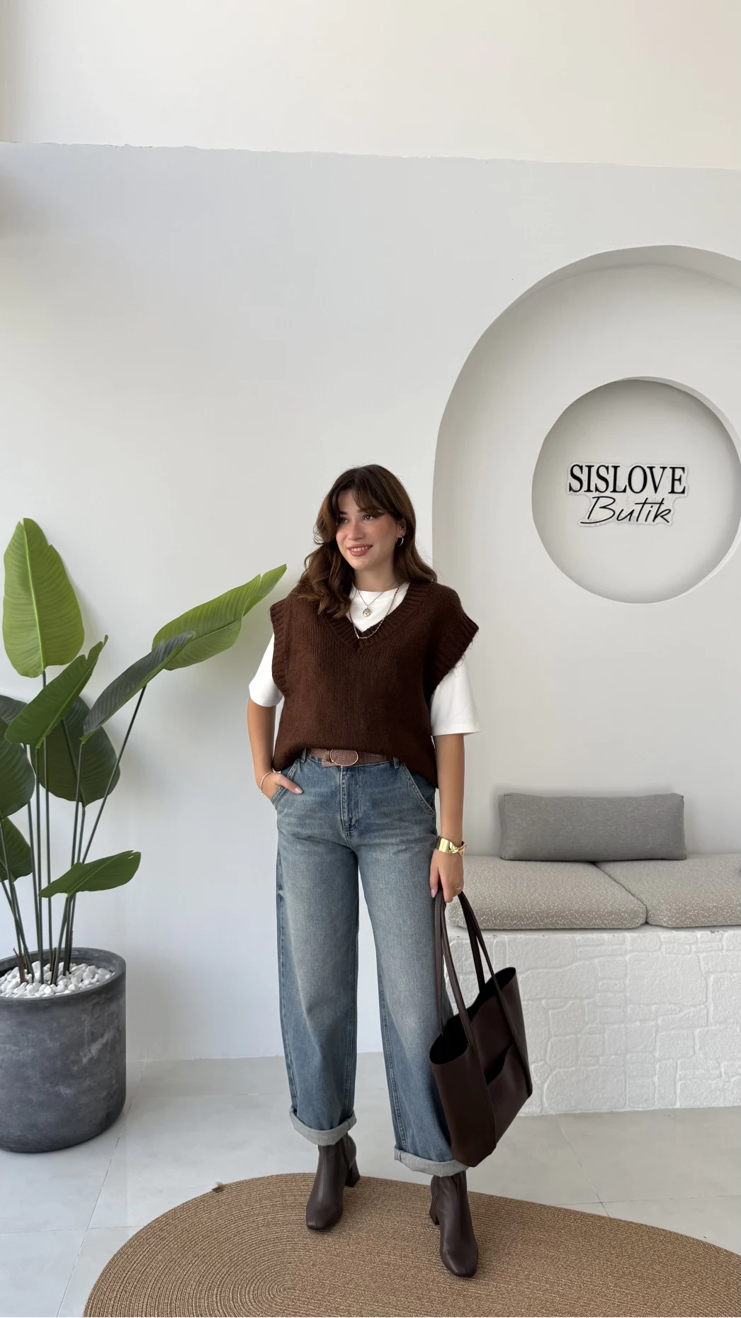 Daisy V Yaka Süveter - Kahve - Kod: 04583